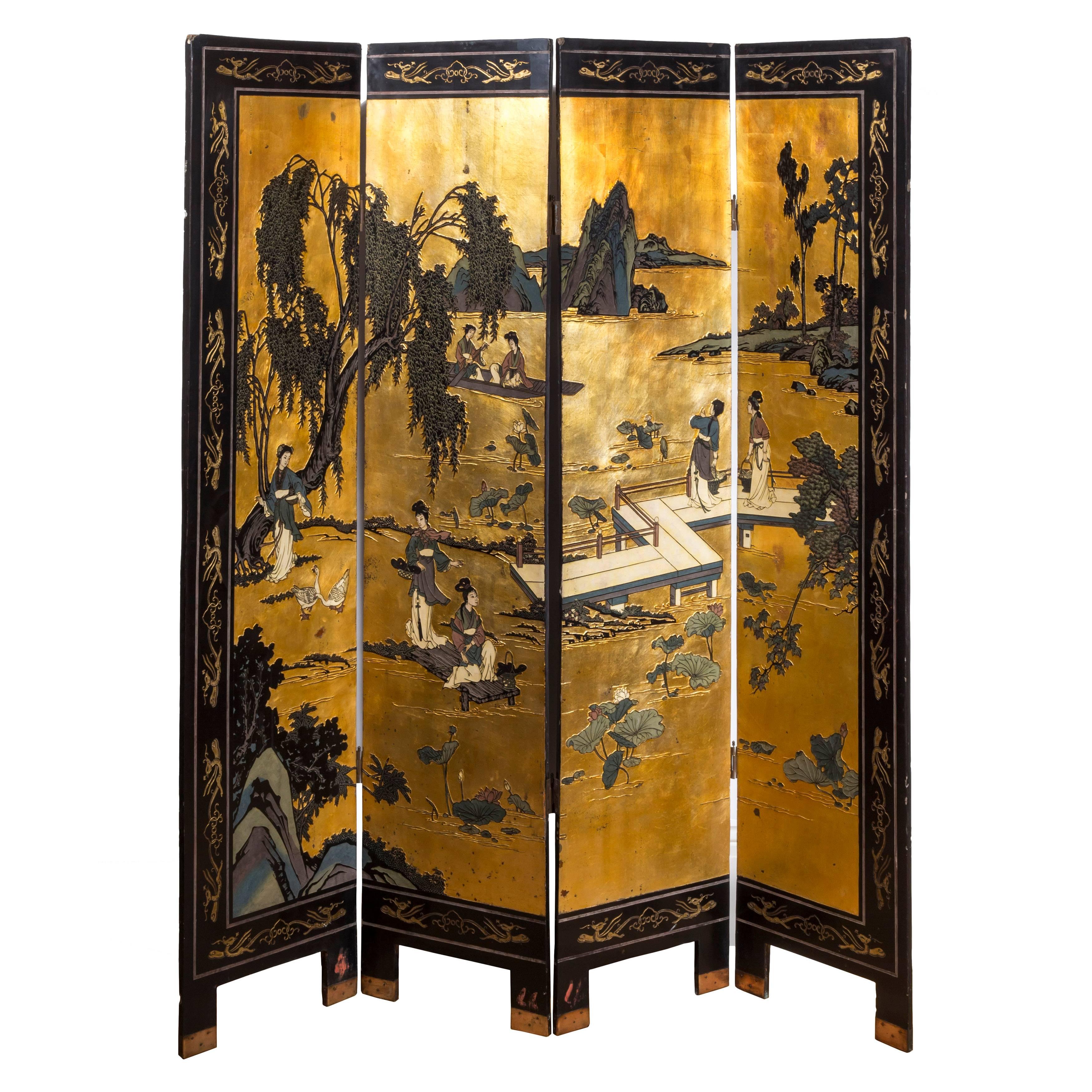 Antique Chinese 19th Century Black Lacquer Gilt Polychrome Four-Panel Screen In Good Condition In Richmond, London