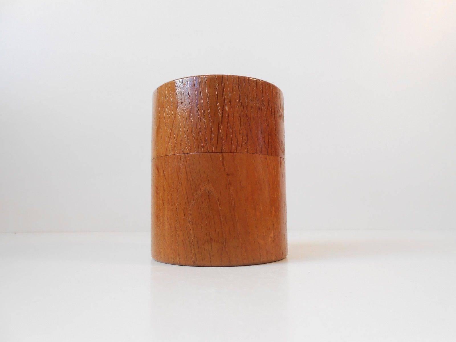 Unique Danish 1960s Enamel Lidded Teak Canister, Manner of Alfred Klitgaard In Excellent Condition For Sale In Esbjerg, DK