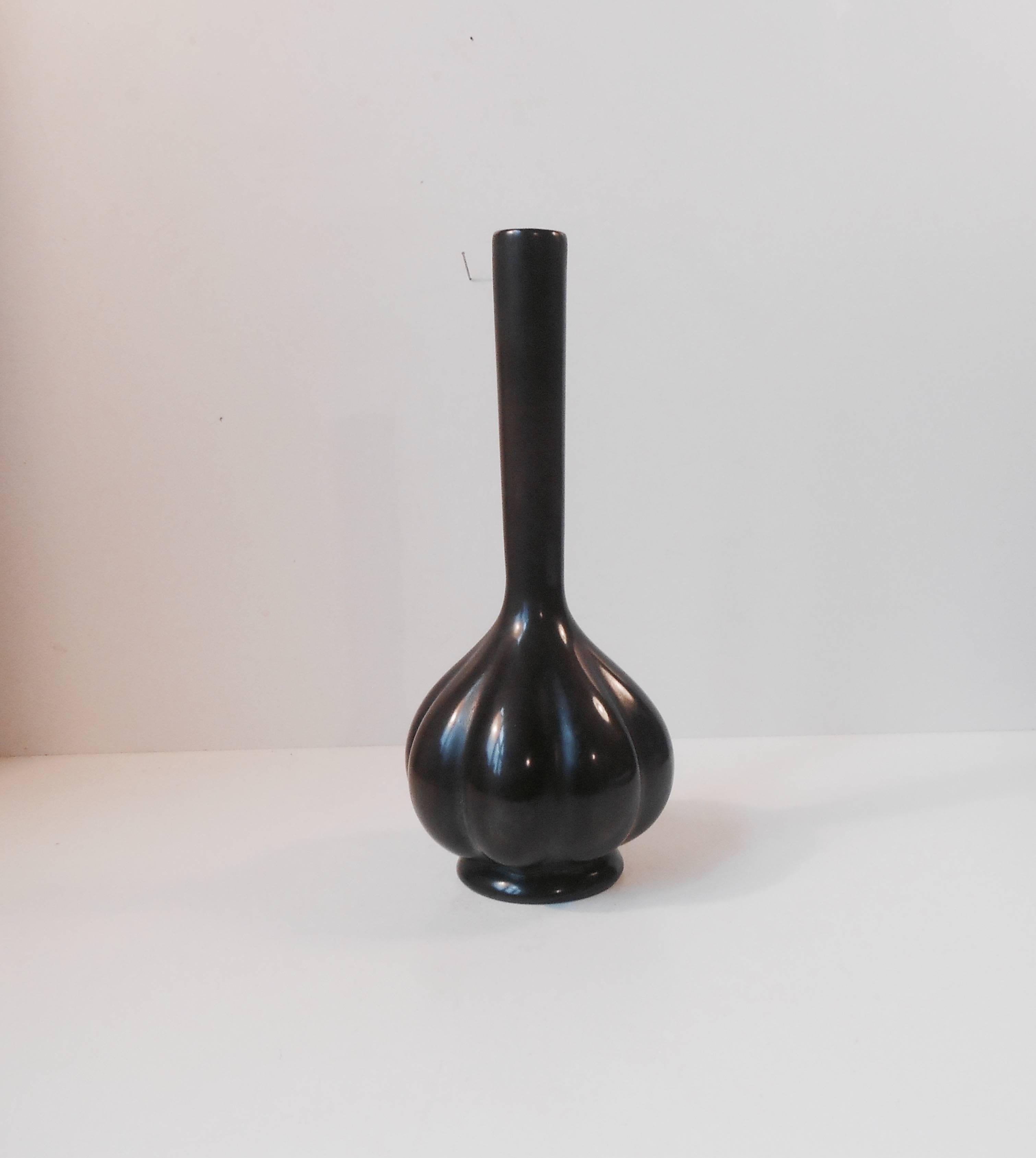 Unknown 20th Century Ribbed Green Patinated Long Necked Bronze Vase Manner of Axel Salto