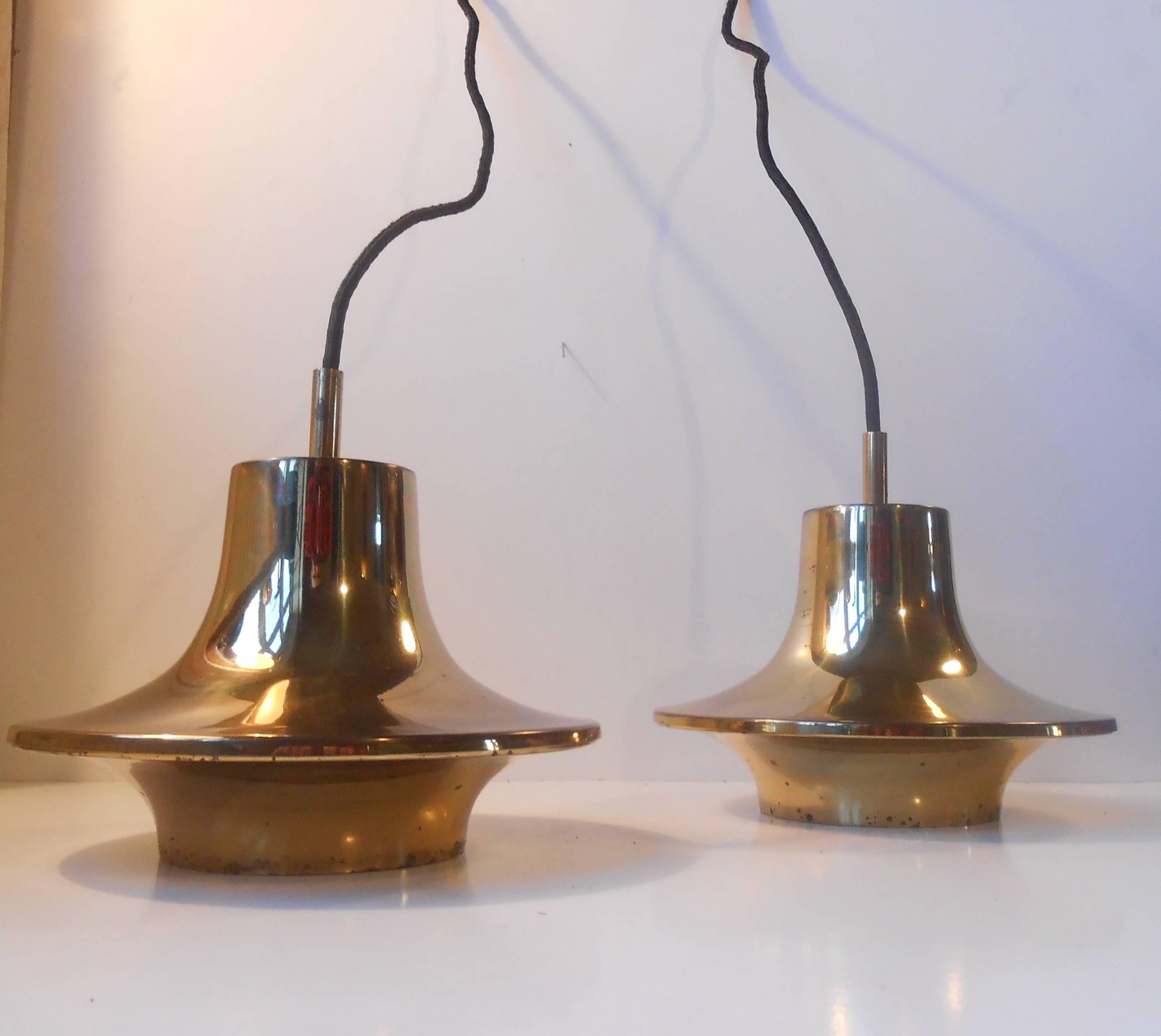Mid-Century Modern Hans-Agne Jakobsson Pair of Solid Brass Saucer Pendant Lamps, 60s Swedish Modern