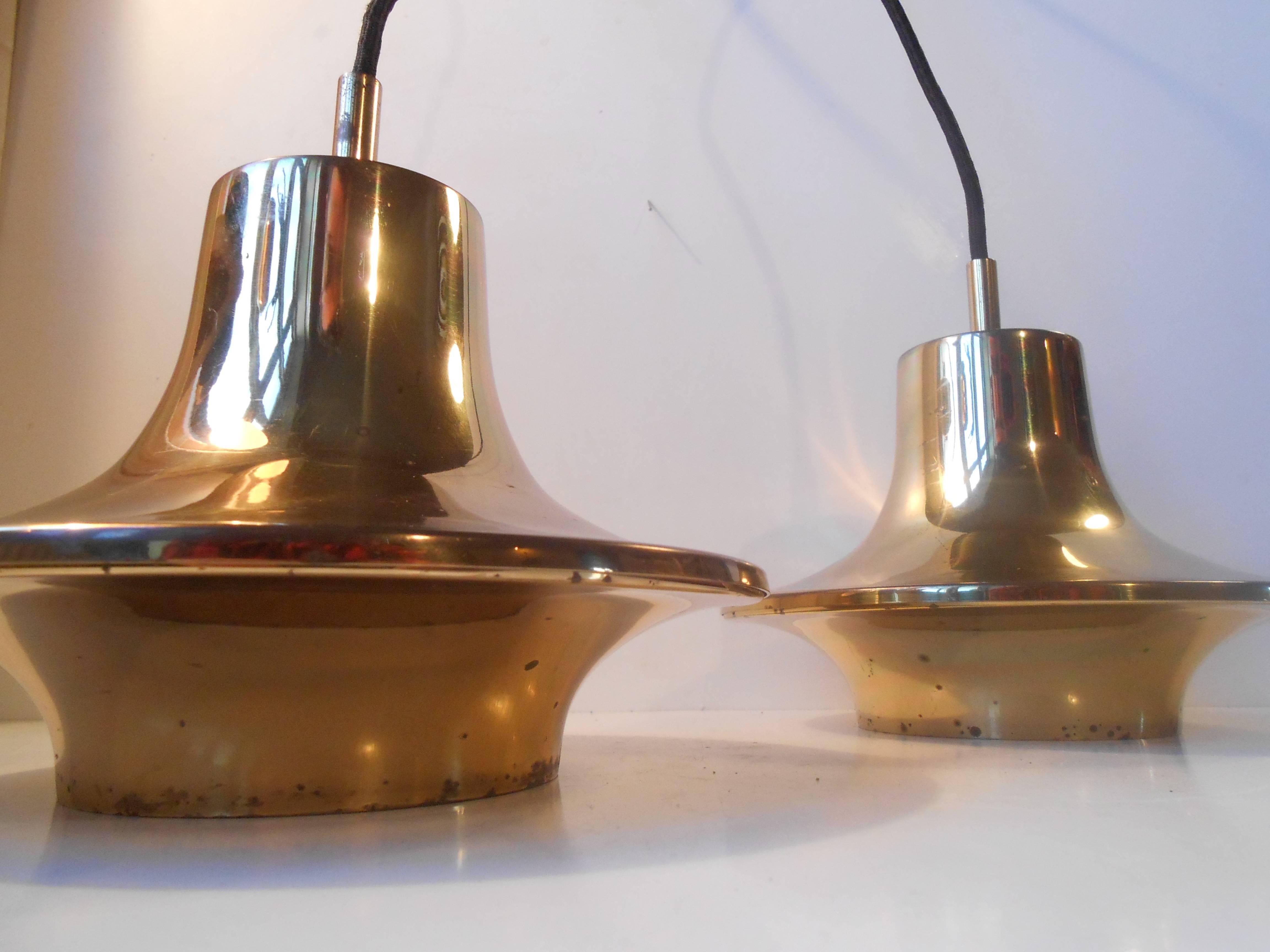 Patinated Hans-Agne Jakobsson Pair of Solid Brass Saucer Pendant Lamps, 60s Swedish Modern