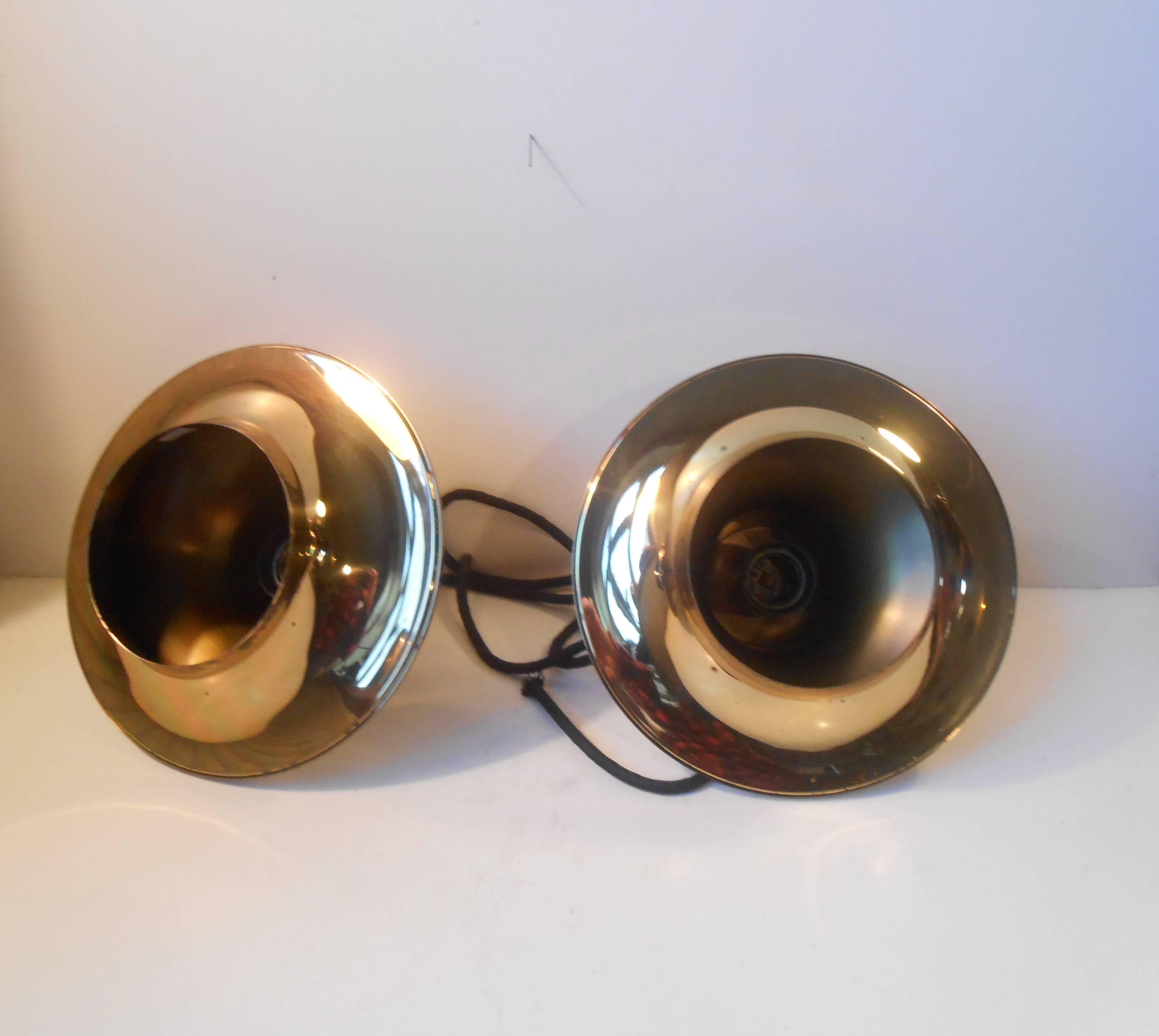 Hans-Agne Jakobsson Pair of Solid Brass Saucer Pendant Lamps, 60s Swedish Modern 1