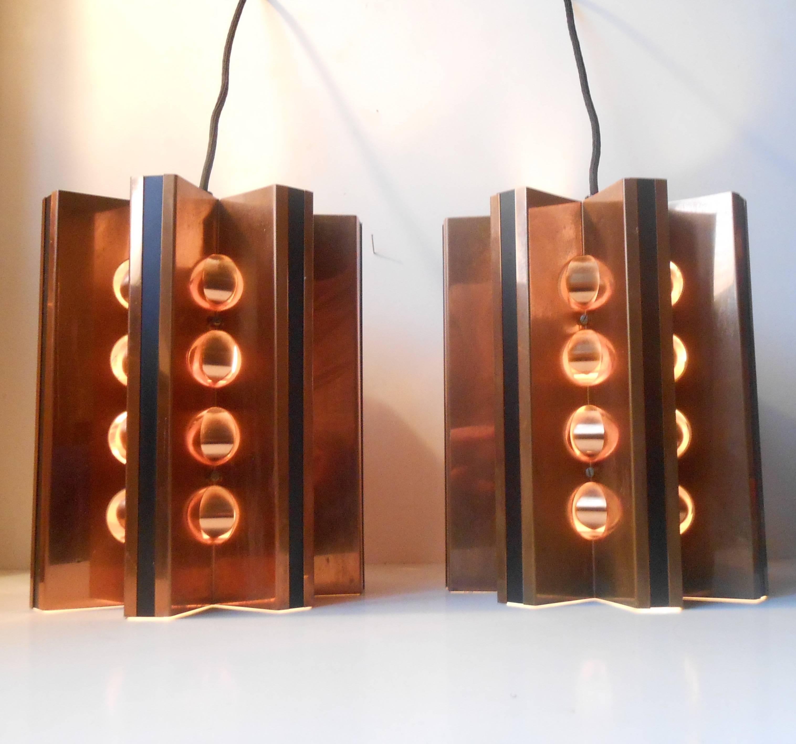 Danish Pair of Star-Shaped Copper Pendant Lamps by Werner Schou for Coronell circa 1960