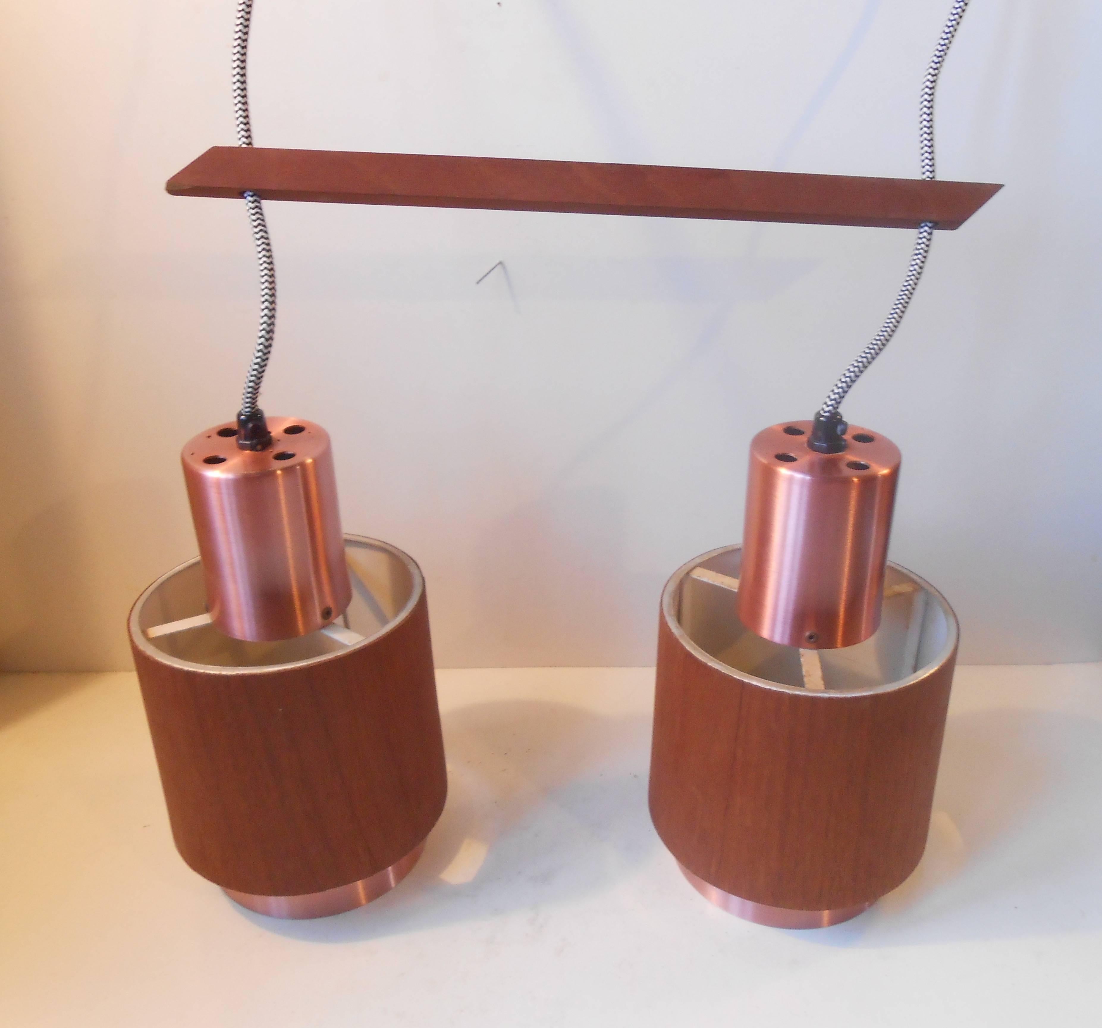 Aluminum Scandinavian Teak and Rosé Copper Pendant Lamp, 1960s, Mid-Century Modern