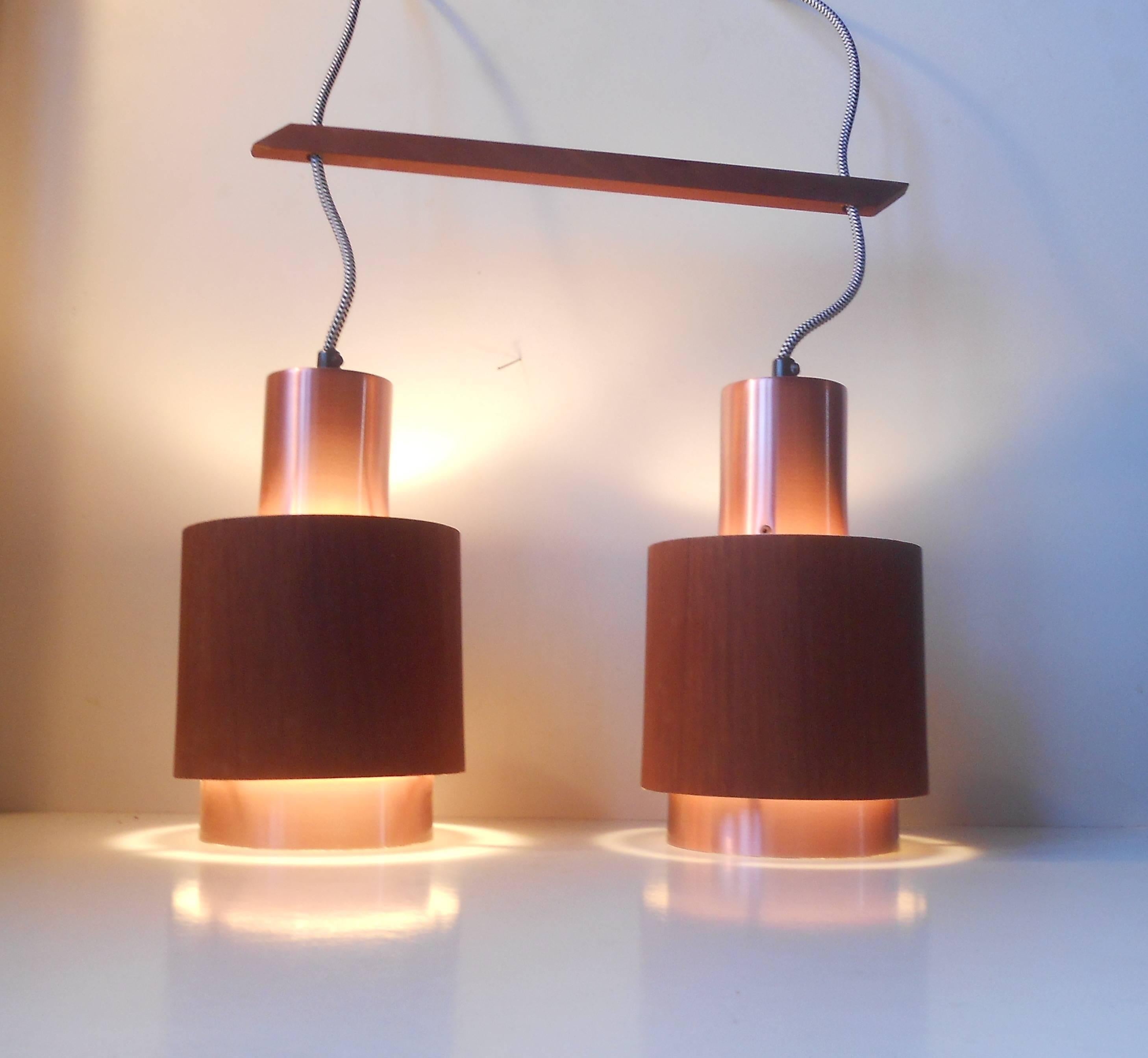 Scandinavian Teak and Rosé Copper Pendant Lamp, 1960s, Mid-Century Modern 1