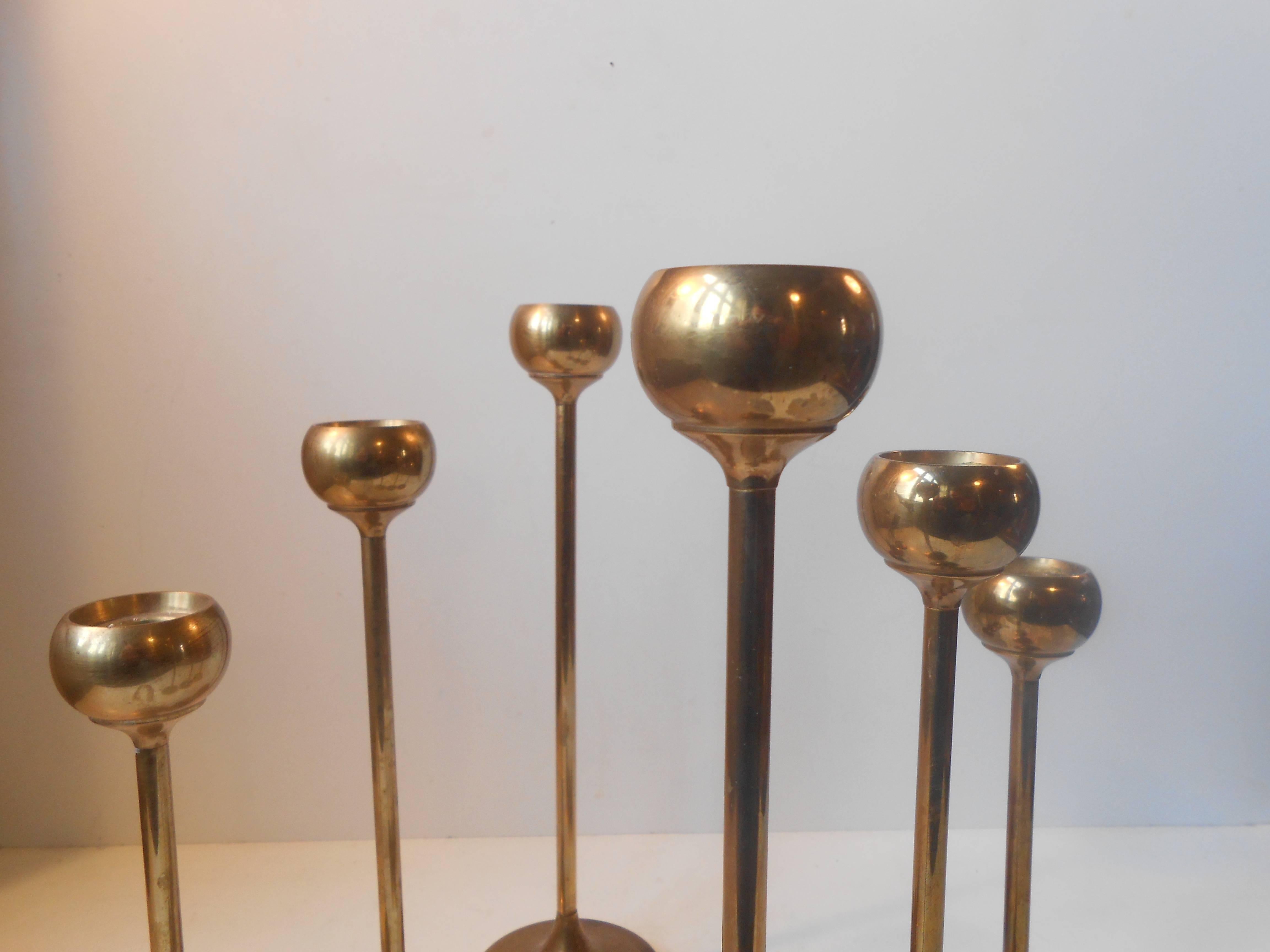Mid-Century Modern Six Brass Candlesticks Alá Pierre Forssell, Mid-Century Scandinavian Modern