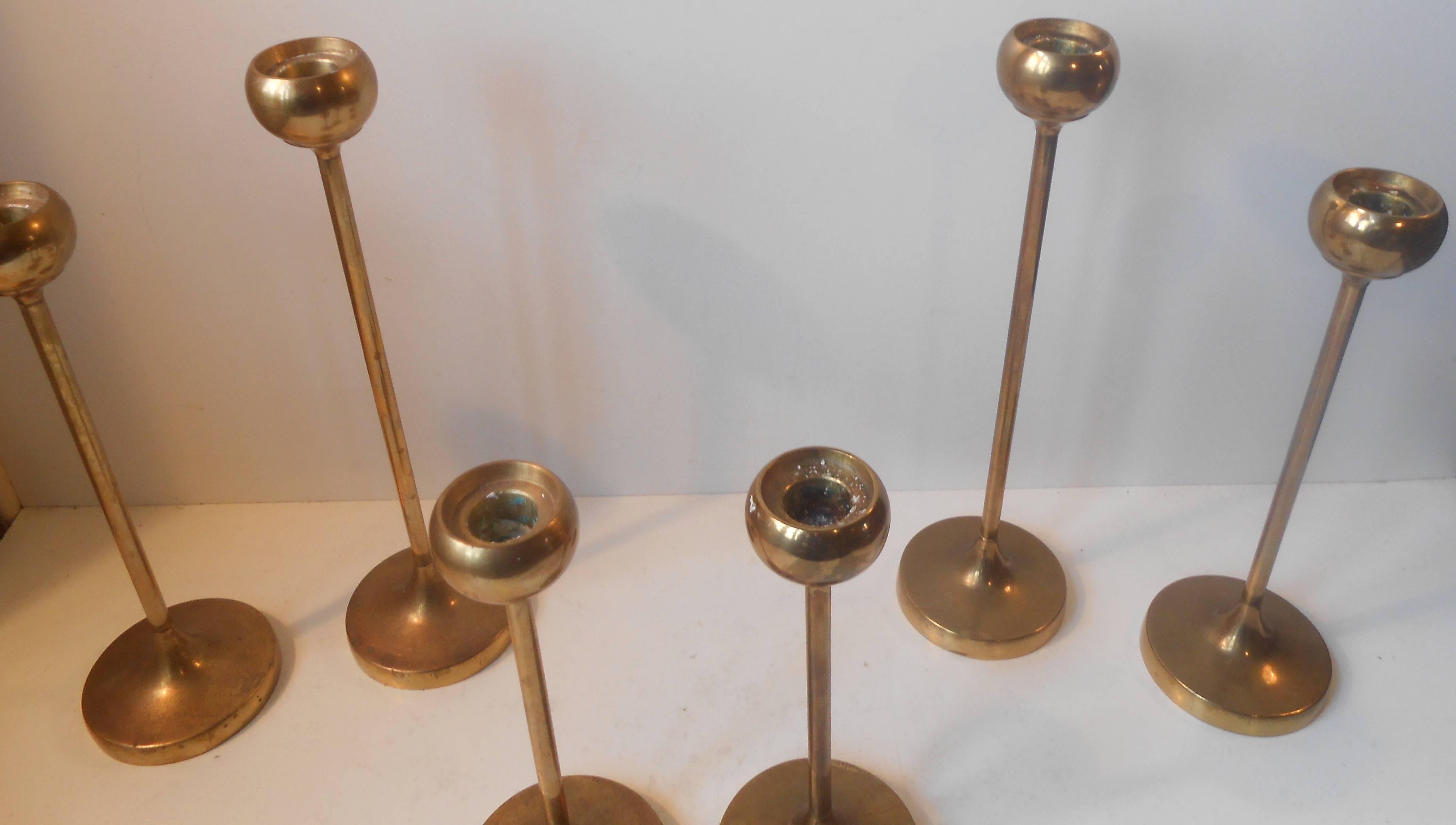 Six Brass Candlesticks Alá Pierre Forssell, Mid-Century Scandinavian Modern In Good Condition In Esbjerg, DK