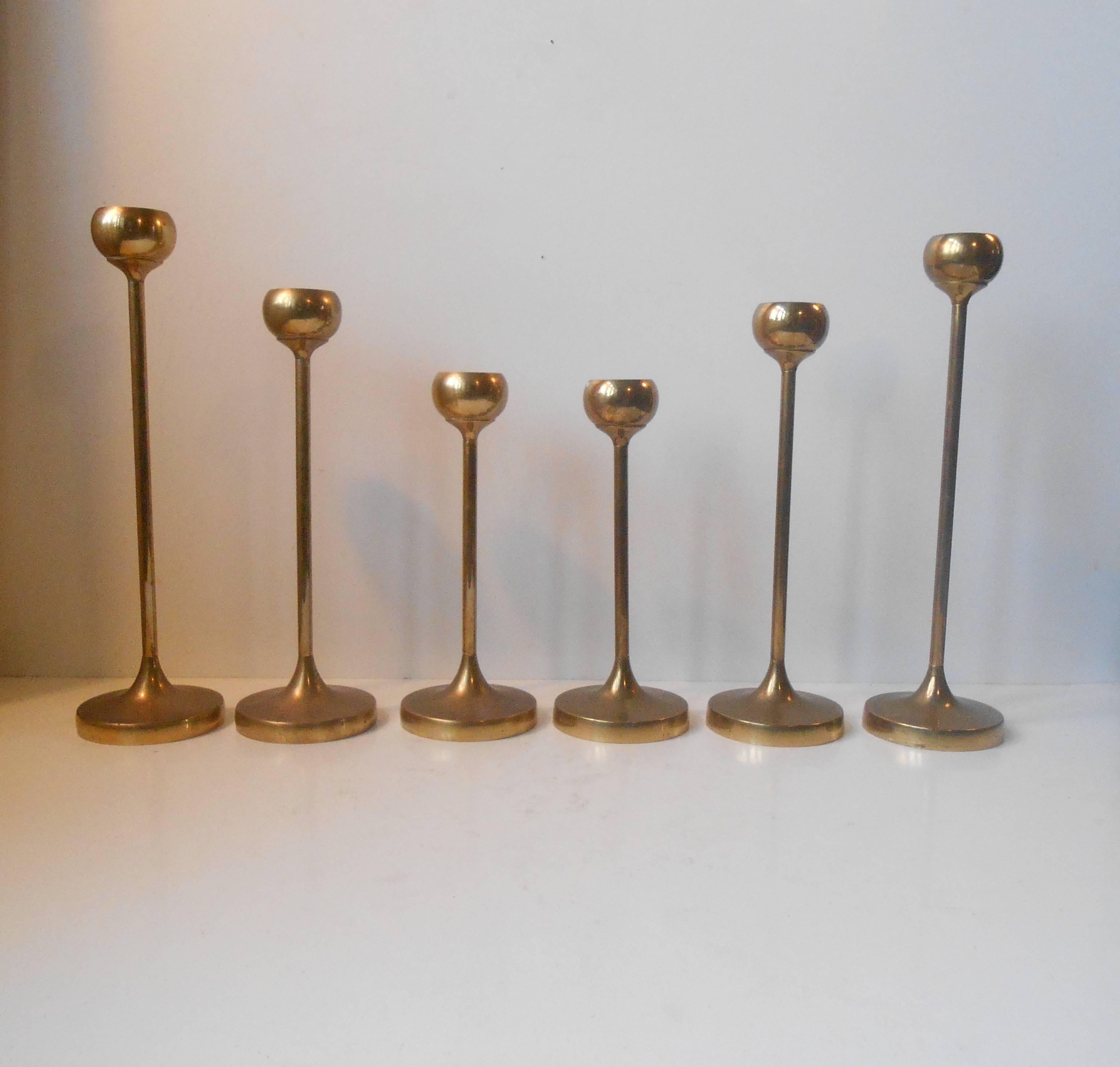 Six Brass Candlesticks Alá Pierre Forssell, Mid-Century Scandinavian Modern 1
