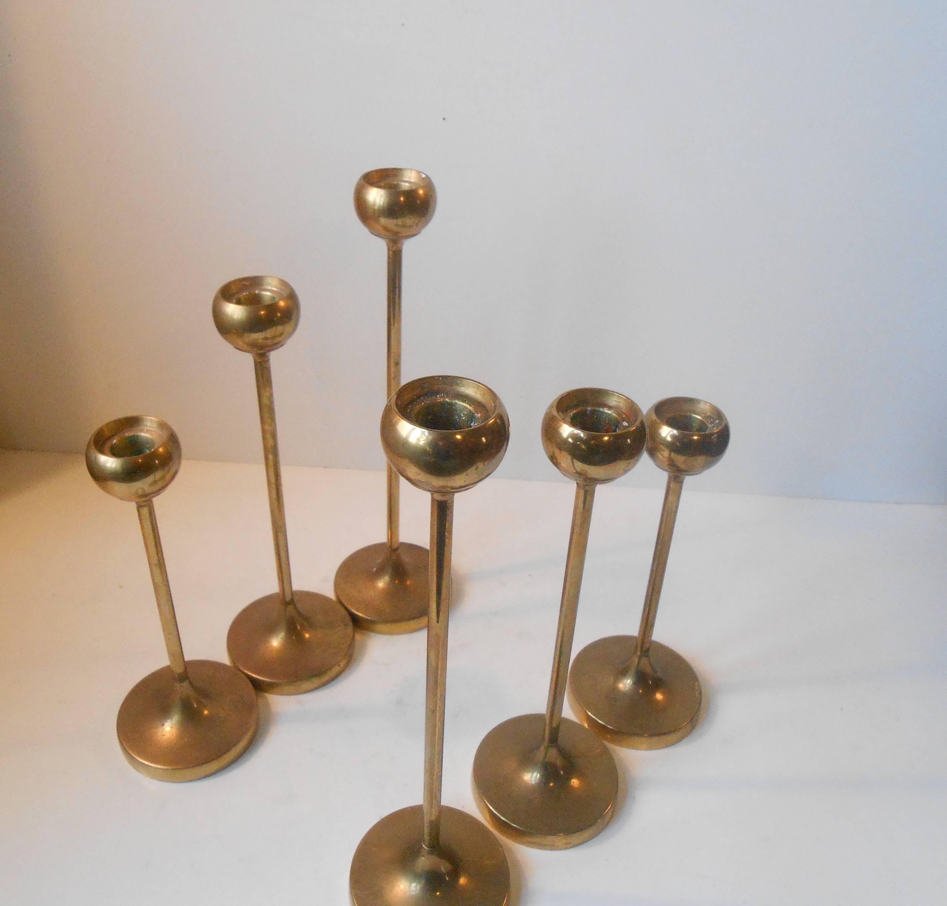 Six Brass Candlesticks Alá Pierre Forssell, Mid-Century Scandinavian Modern 2