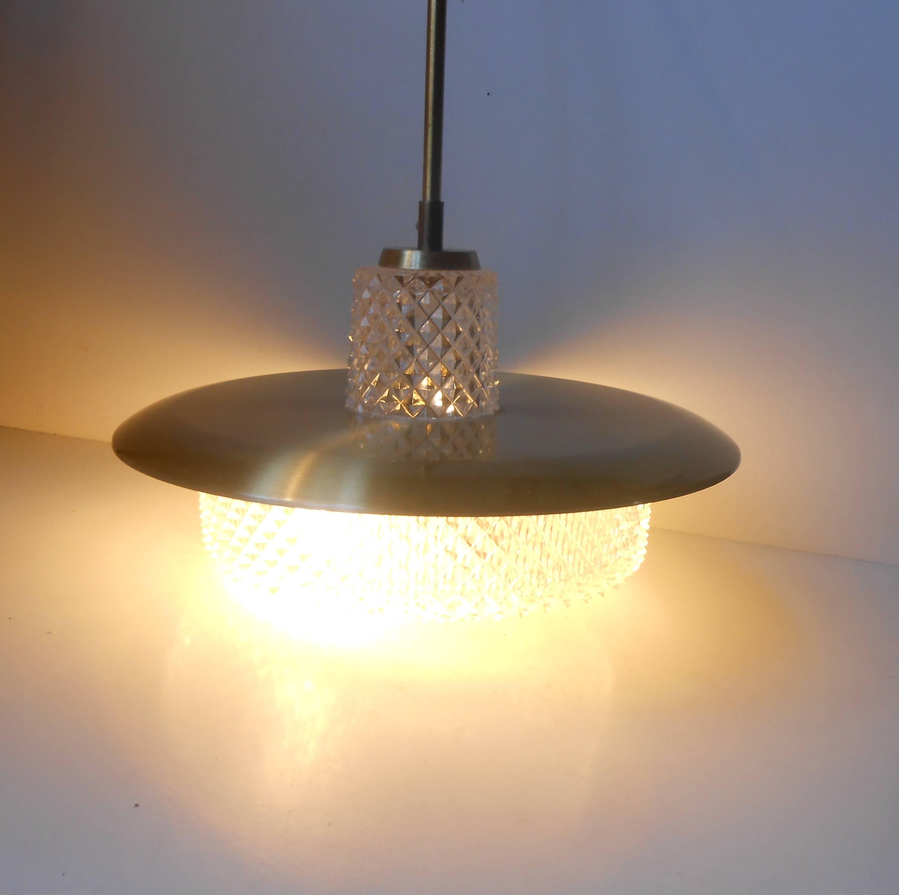 Swedish Carl Fagerlund Brass and Crystal Pendant Lamp Orrefors Sweden Mid-Century Modern