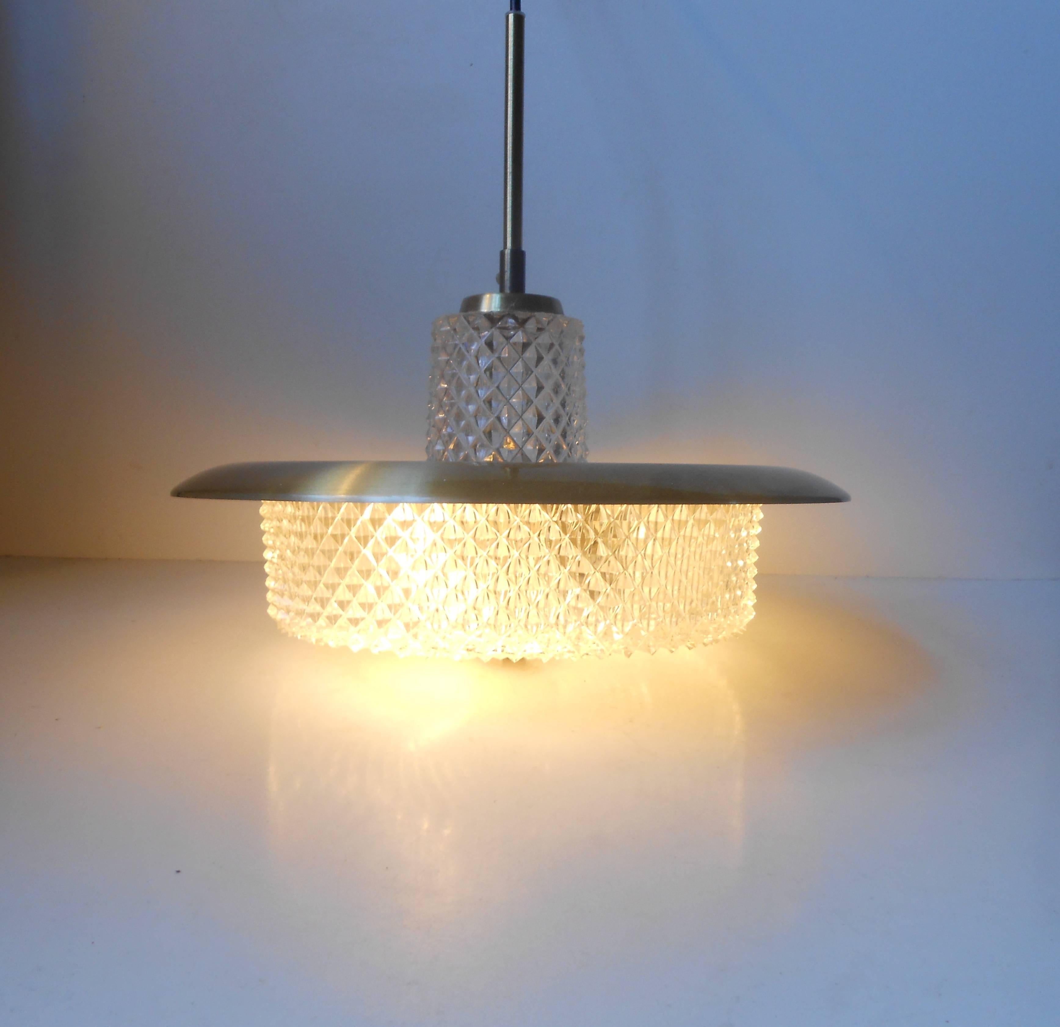 Molded Carl Fagerlund Brass and Crystal Pendant Lamp Orrefors Sweden Mid-Century Modern
