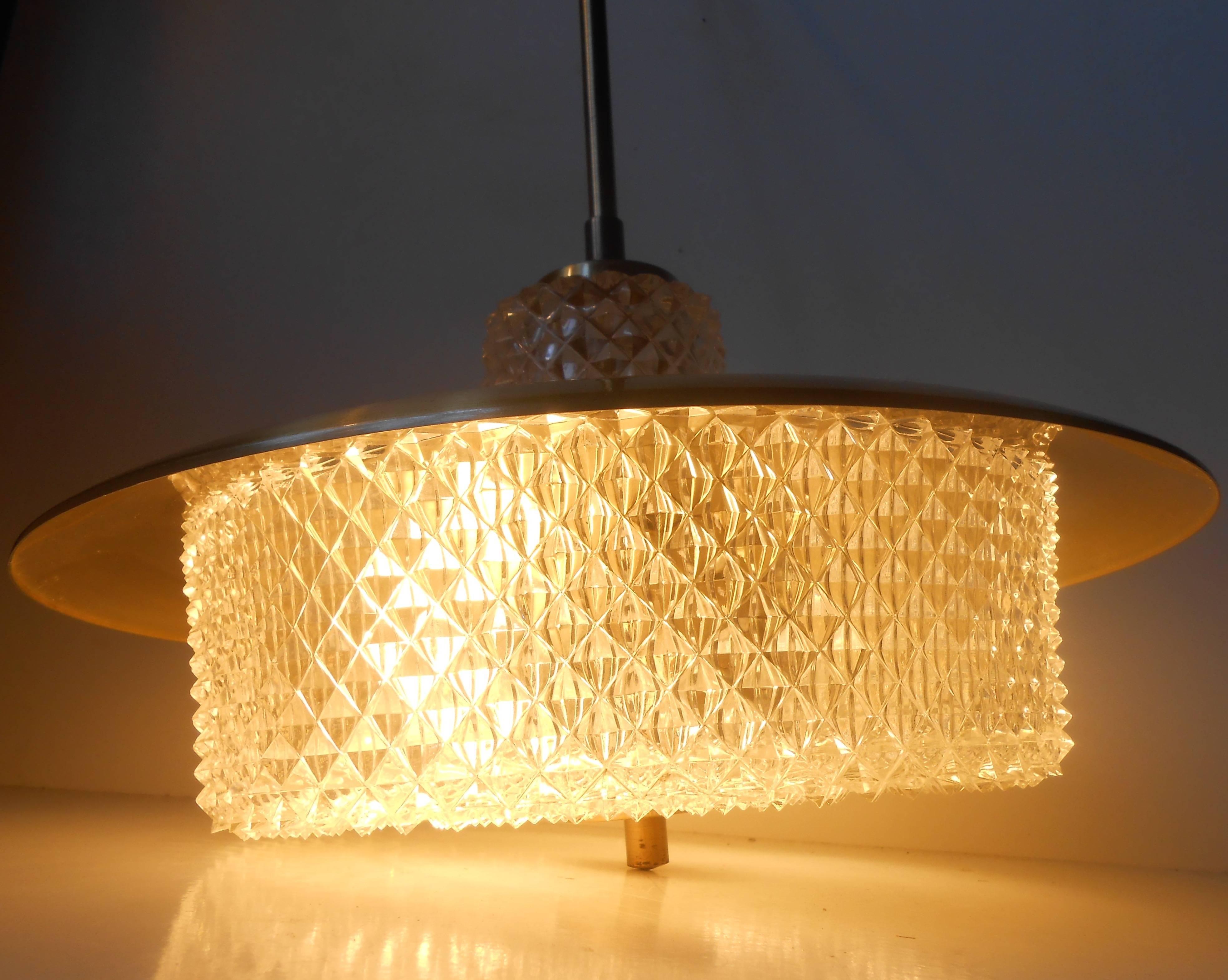 Carl Fagerlund Brass and Crystal Pendant Lamp Orrefors Sweden Mid-Century Modern In Excellent Condition In Esbjerg, DK