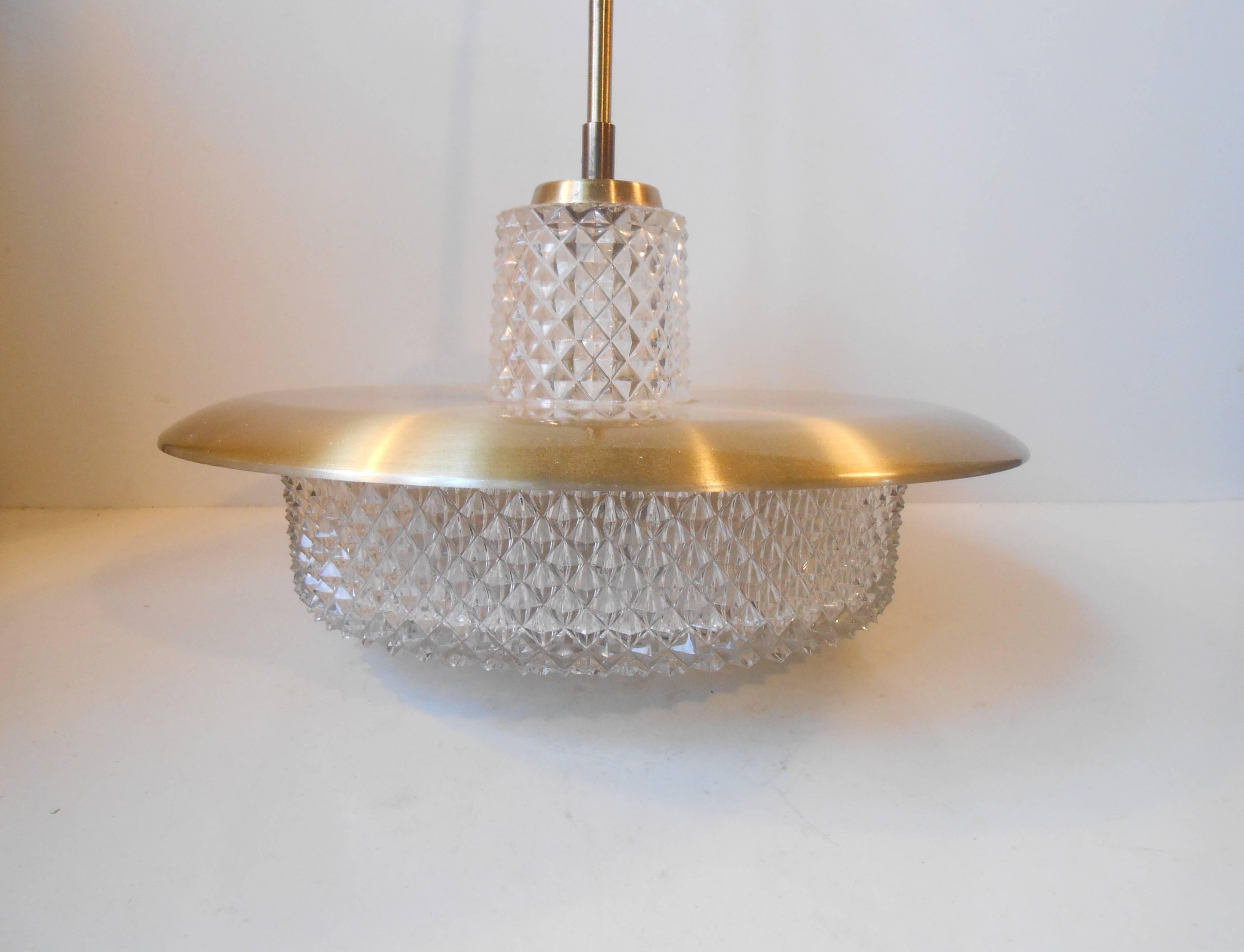 Mid-20th Century Carl Fagerlund Brass and Crystal Pendant Lamp Orrefors Sweden Mid-Century Modern