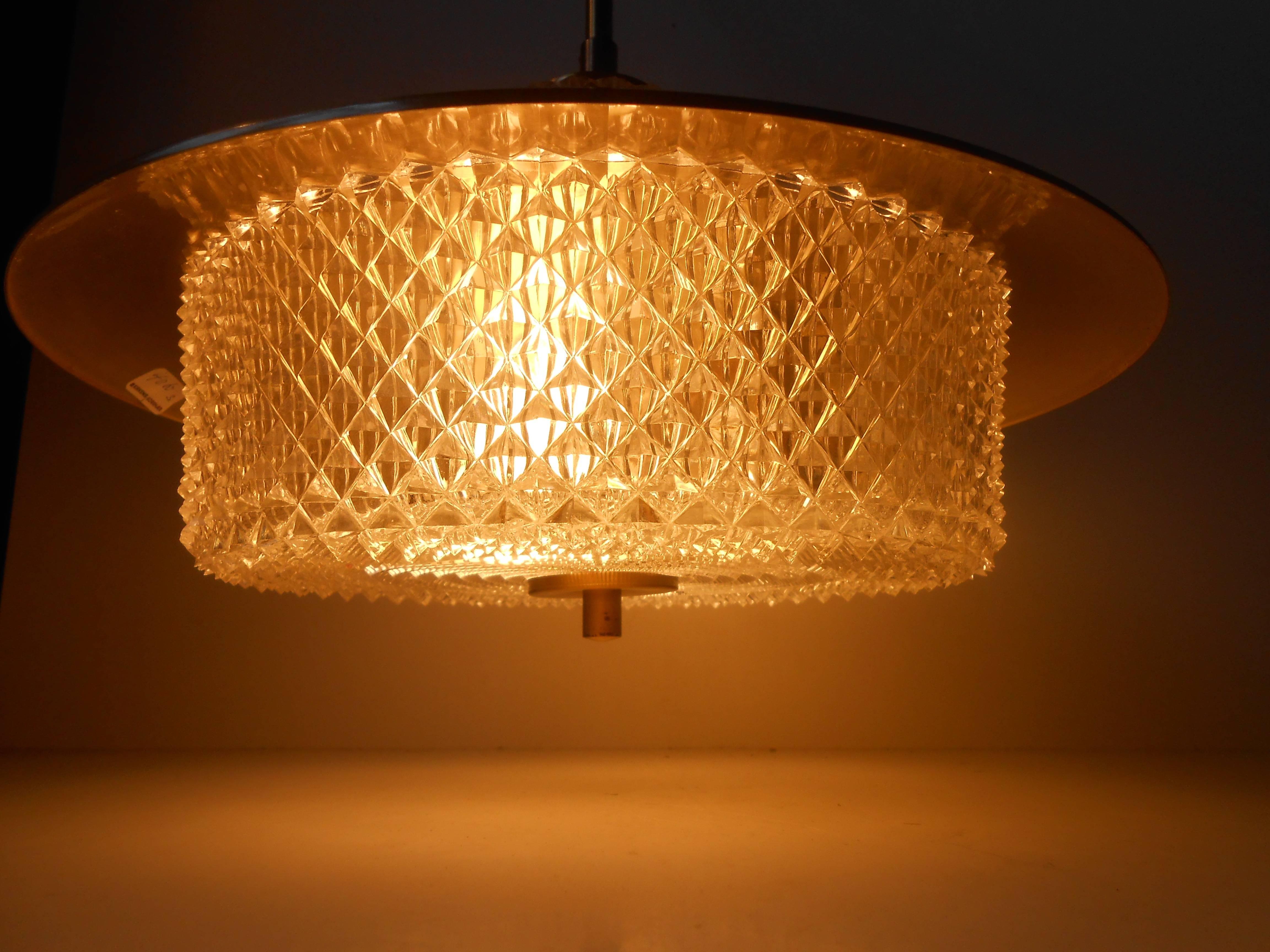 Carl Fagerlund Brass and Crystal Pendant Lamp Orrefors Sweden Mid-Century Modern 3