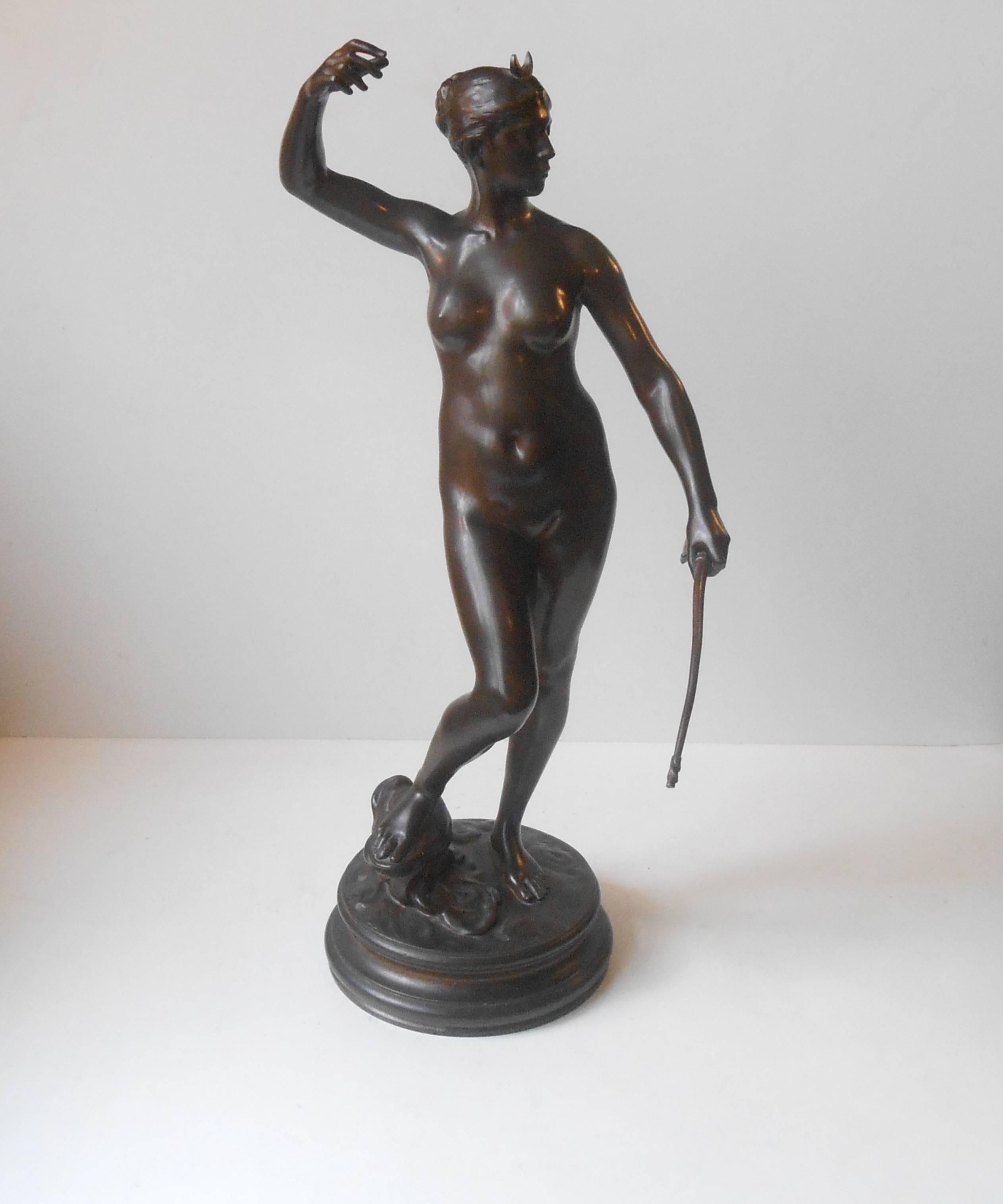 Beautiful, detailed and evenly patinated bronze of 'Diana The Huntress' by Jean Alexandre Joseph Falguiere - signed A. Falguiere. Cast in Paris by: Thiebaut Freres Fondeurs. Pastille: Bronze. Brown patina. Measurements: H: 18.5 inches, base