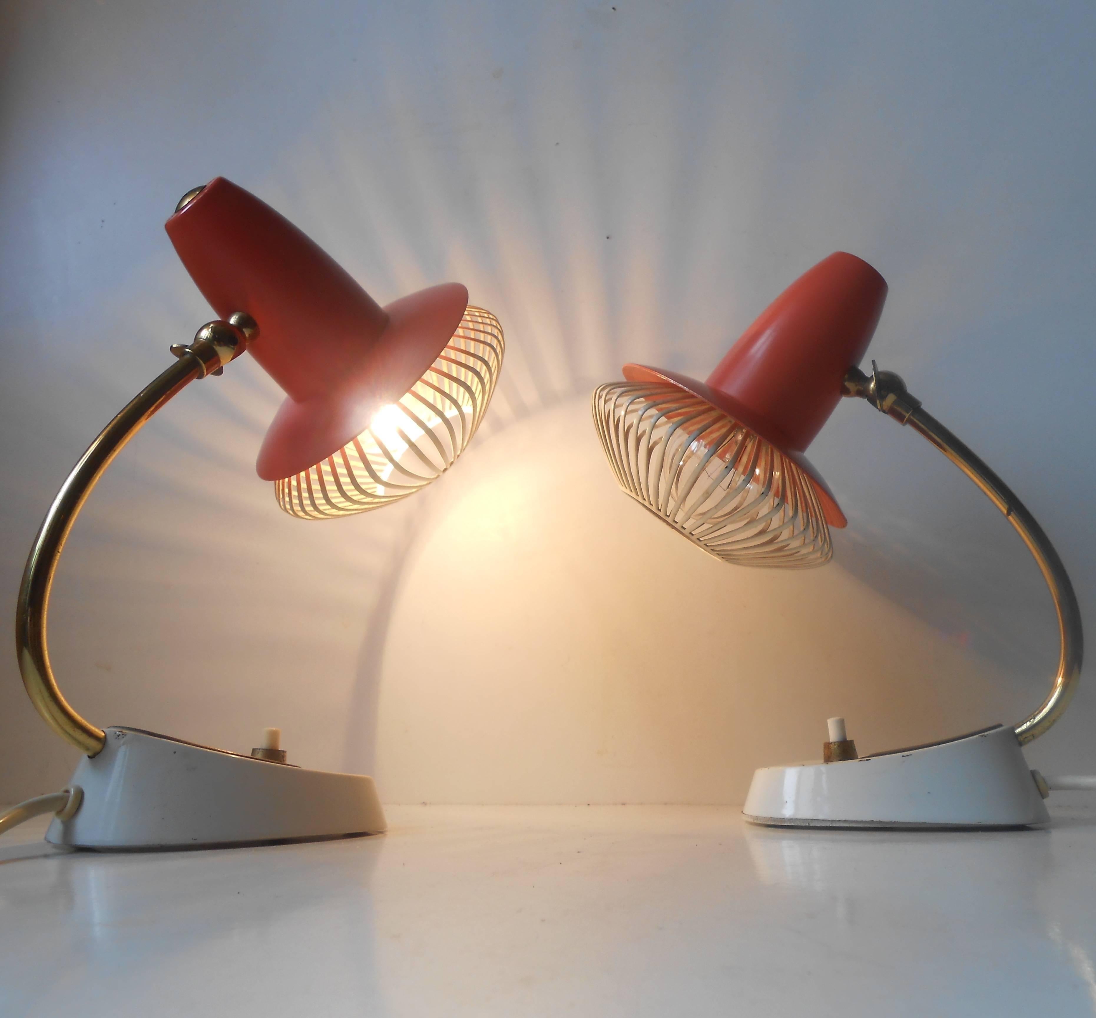 Patinated Pair of Adjustable Red Table Lamps, Stilnovo Style, Possibly Swiss, ca. 1958-60