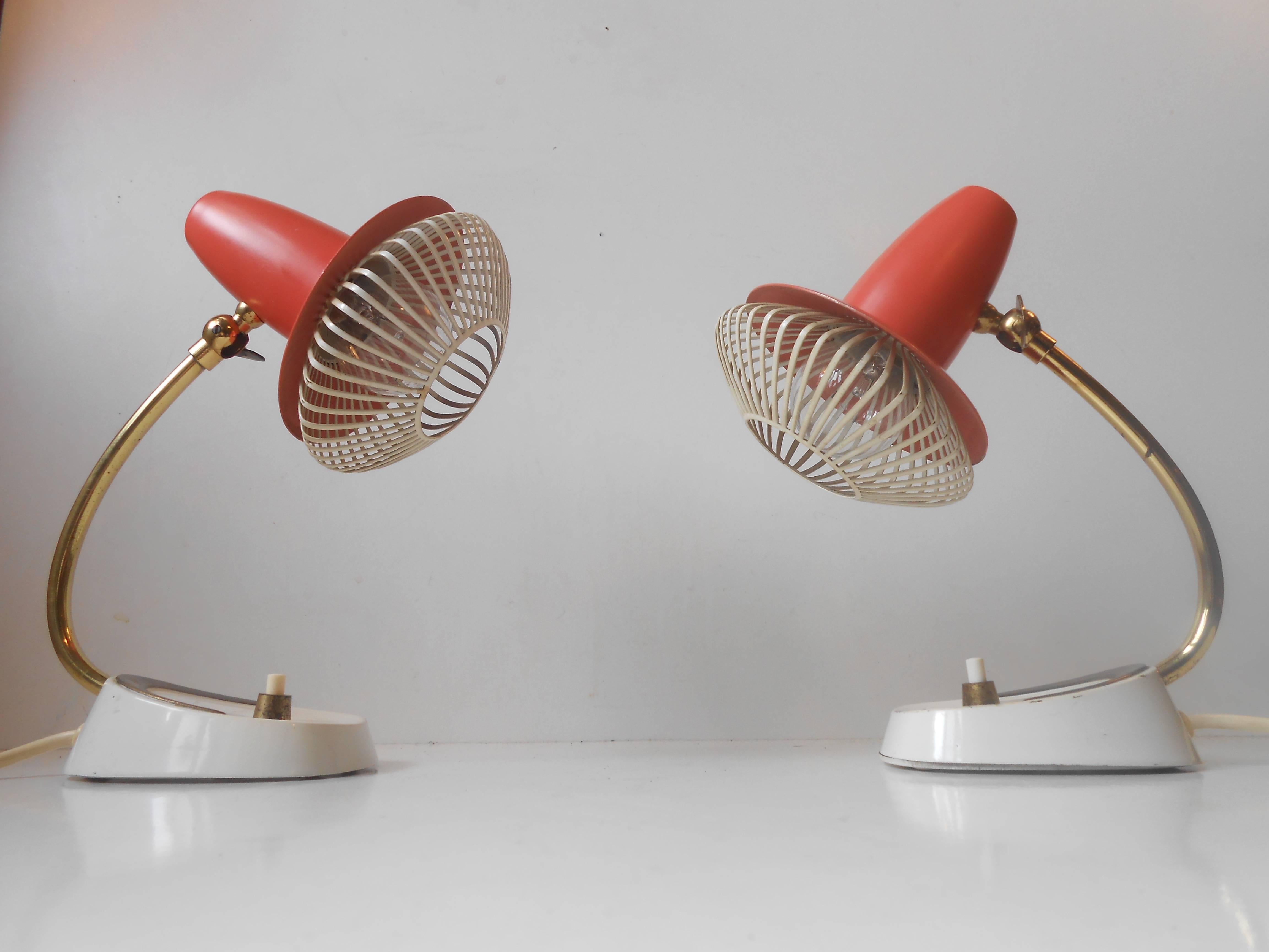 Brass Pair of Adjustable Red Table Lamps, Stilnovo Style, Possibly Swiss, ca. 1958-60