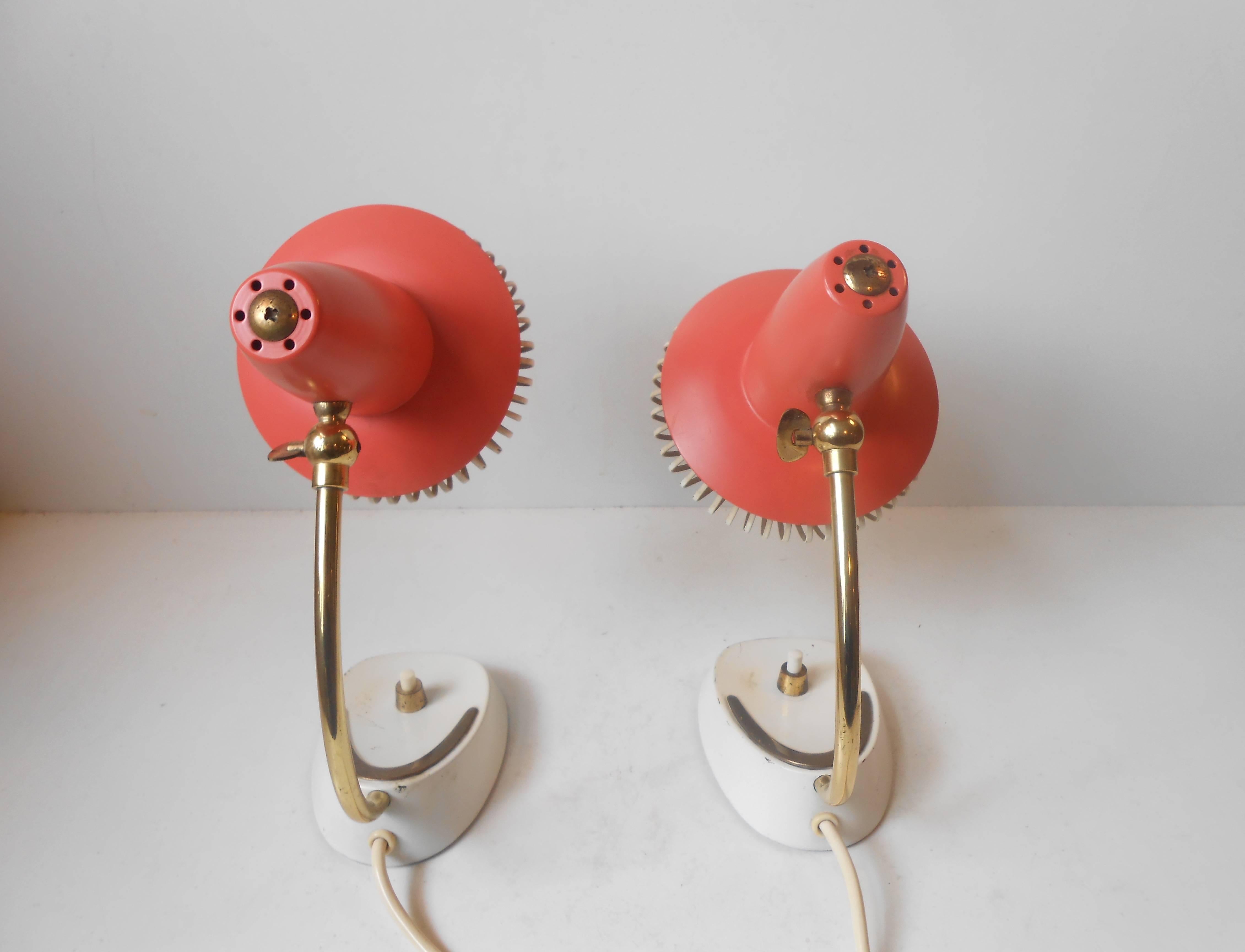Mid-20th Century Pair of Adjustable Red Table Lamps, Stilnovo Style, Possibly Swiss, ca. 1958-60