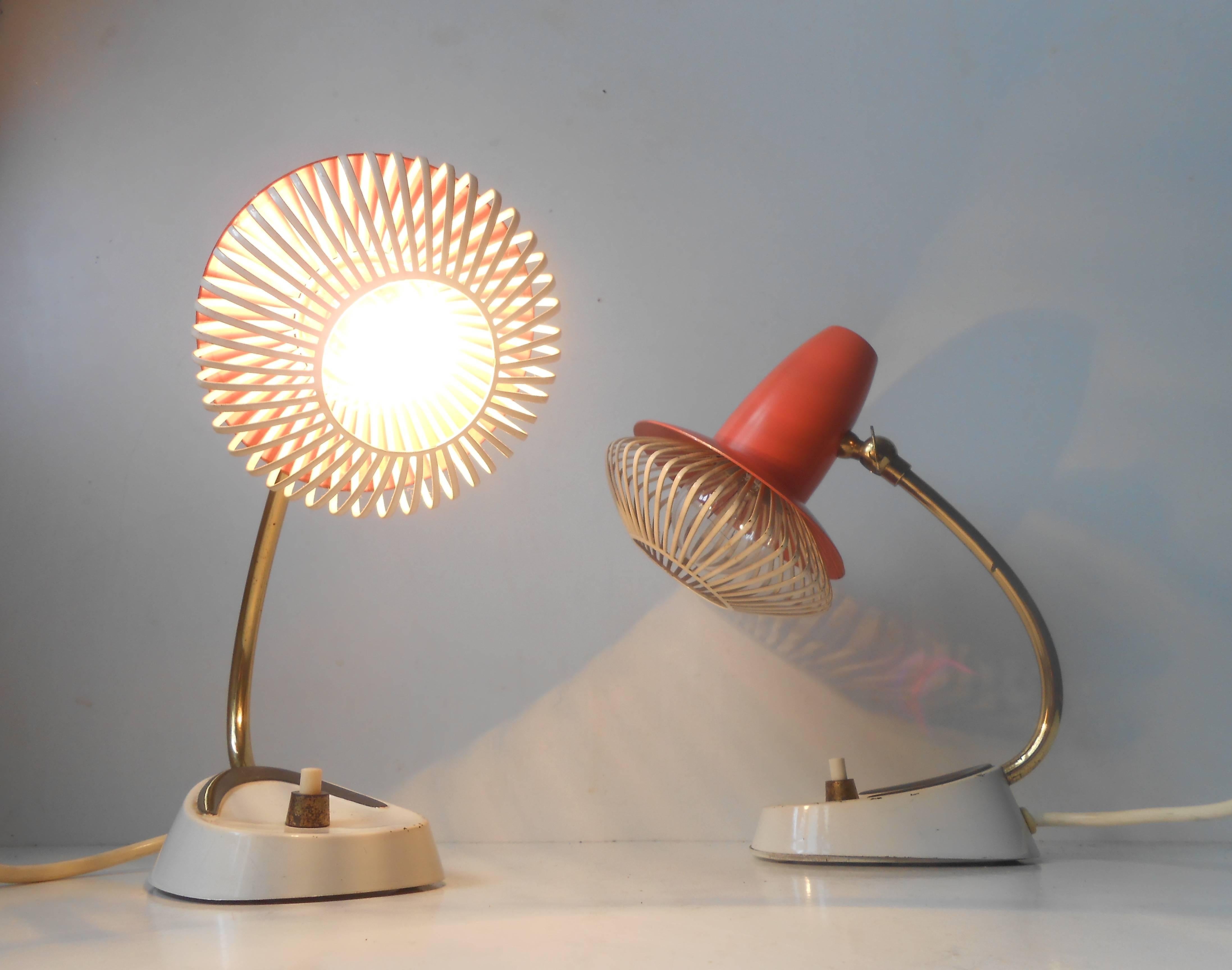 Mid-Century Modern Pair of Adjustable Red Table Lamps, Stilnovo Style, Possibly Swiss, ca. 1958-60