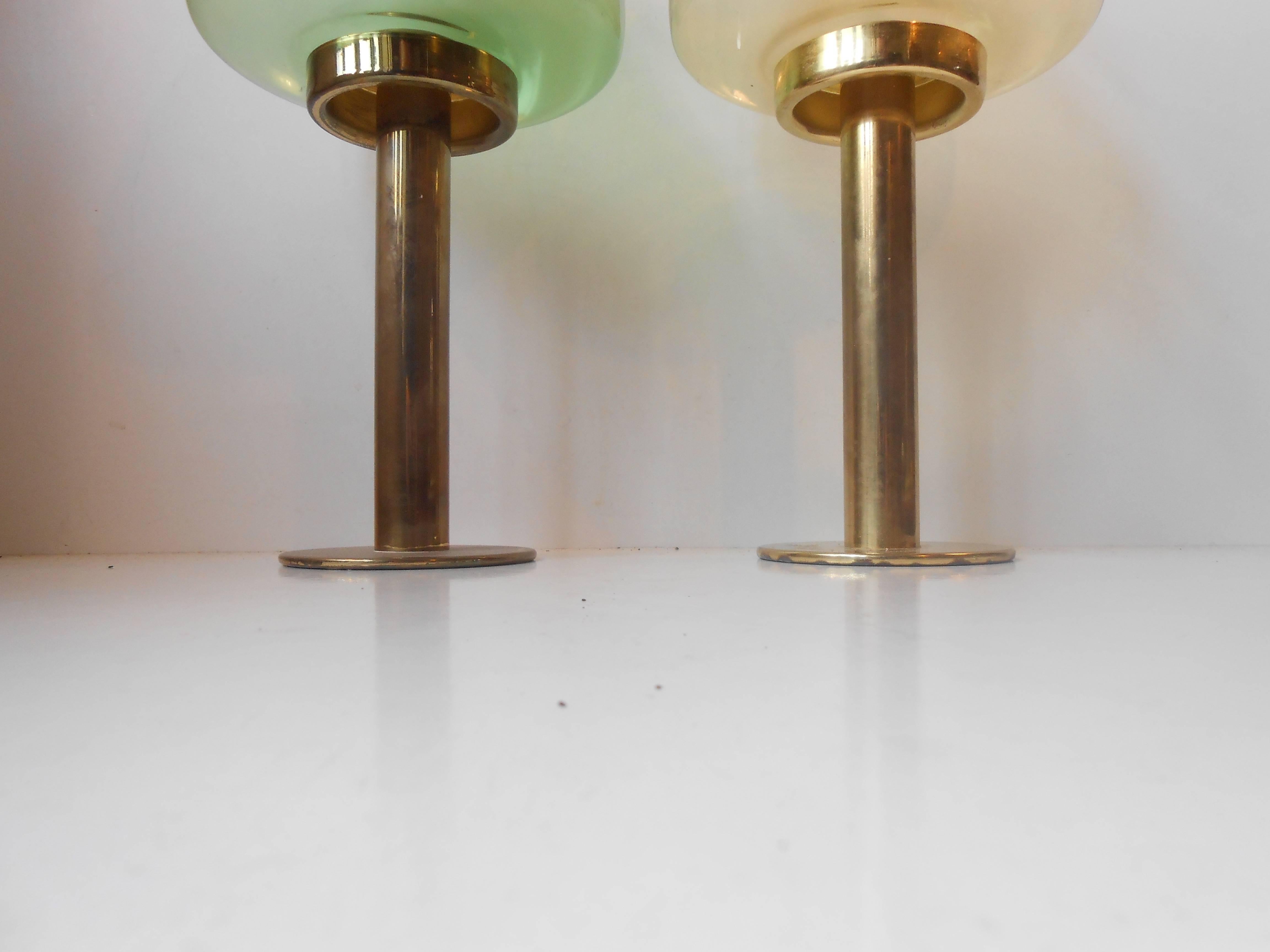 Hans-Agne Jakobsson Colored Glass and Brass Candlesticks Pair, Markaryd, Sweden 1