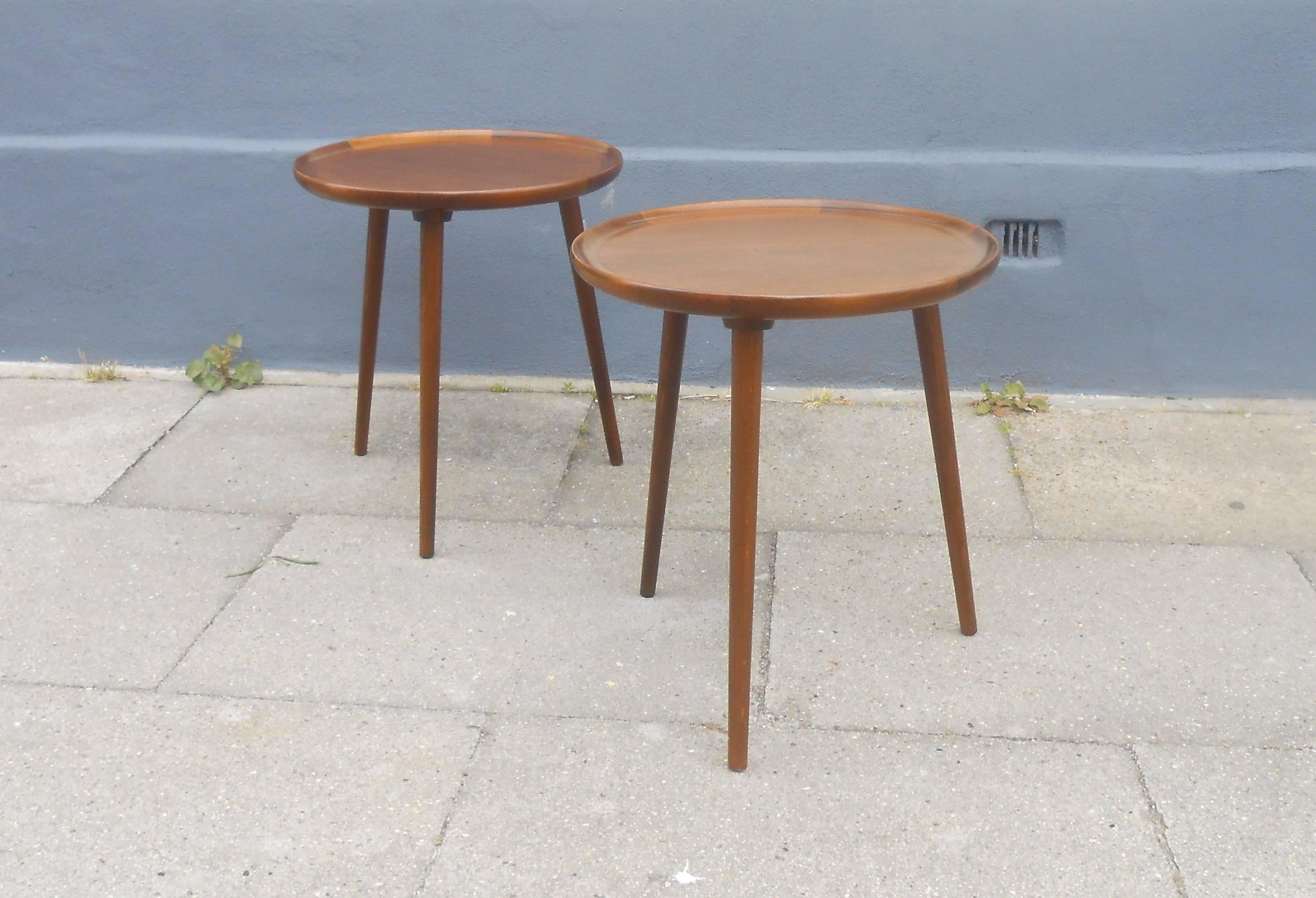 Matching pair of side tables or small coffee tables by Anton Kildeberg. Model nr: 200 in walnut. Manufactured 14/12-1967. Both tables with AK label to the backside. Measurements: H 18 inches (46 cm), D 16.5 inches (42 cm). The tables will be shipped