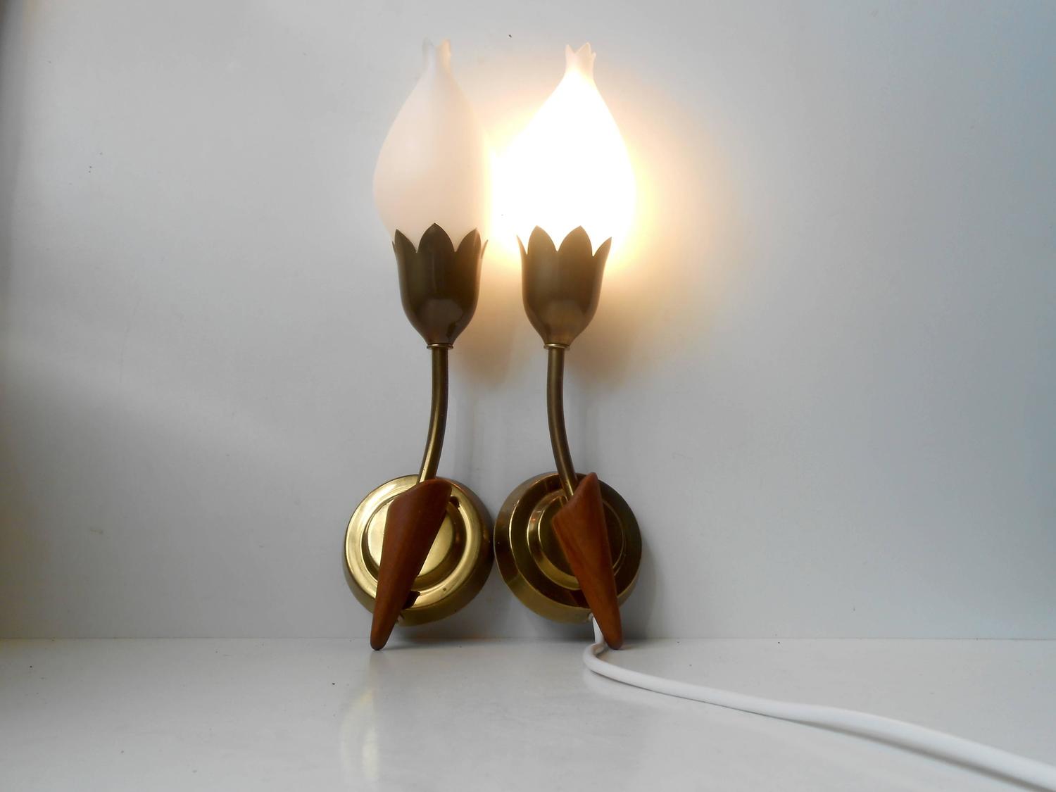 Rare Pair of Tulip Wall Sconces by Fog and M?rup, Opal Glass, Teak and Brass For Sale at 1stdibs