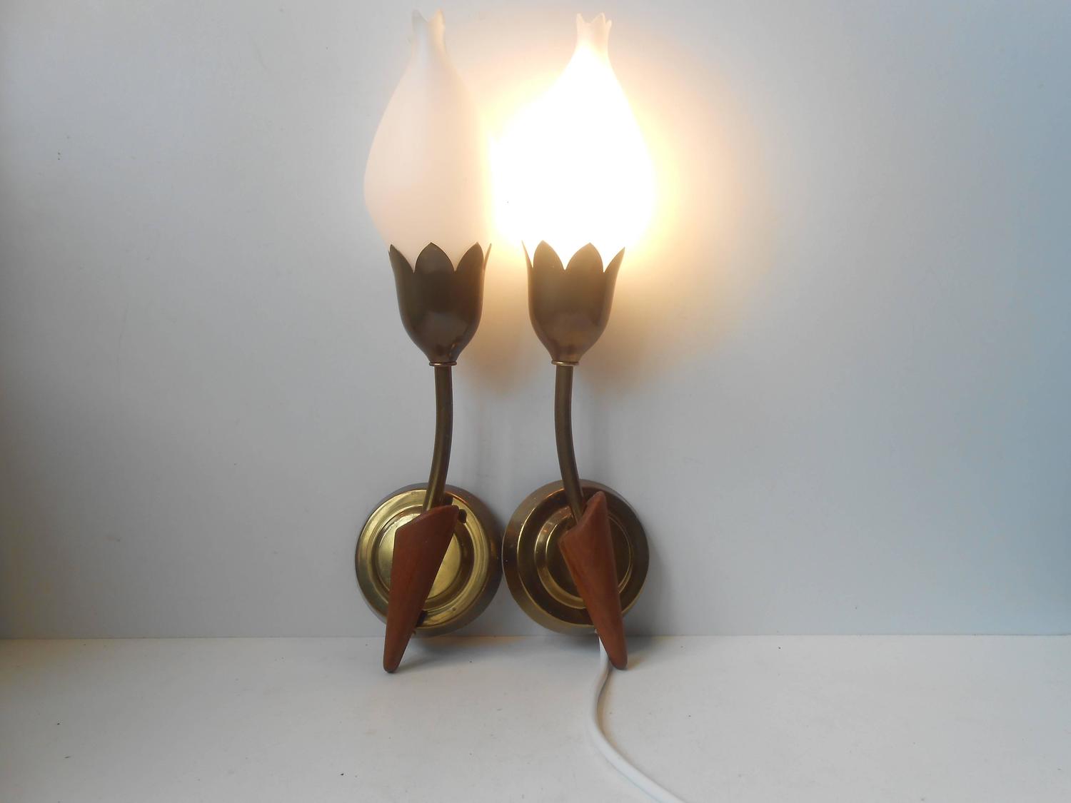 Rare Pair of Tulip Wall Sconces by Fog and M?rup, Opal Glass, Teak and Brass For Sale at 1stdibs