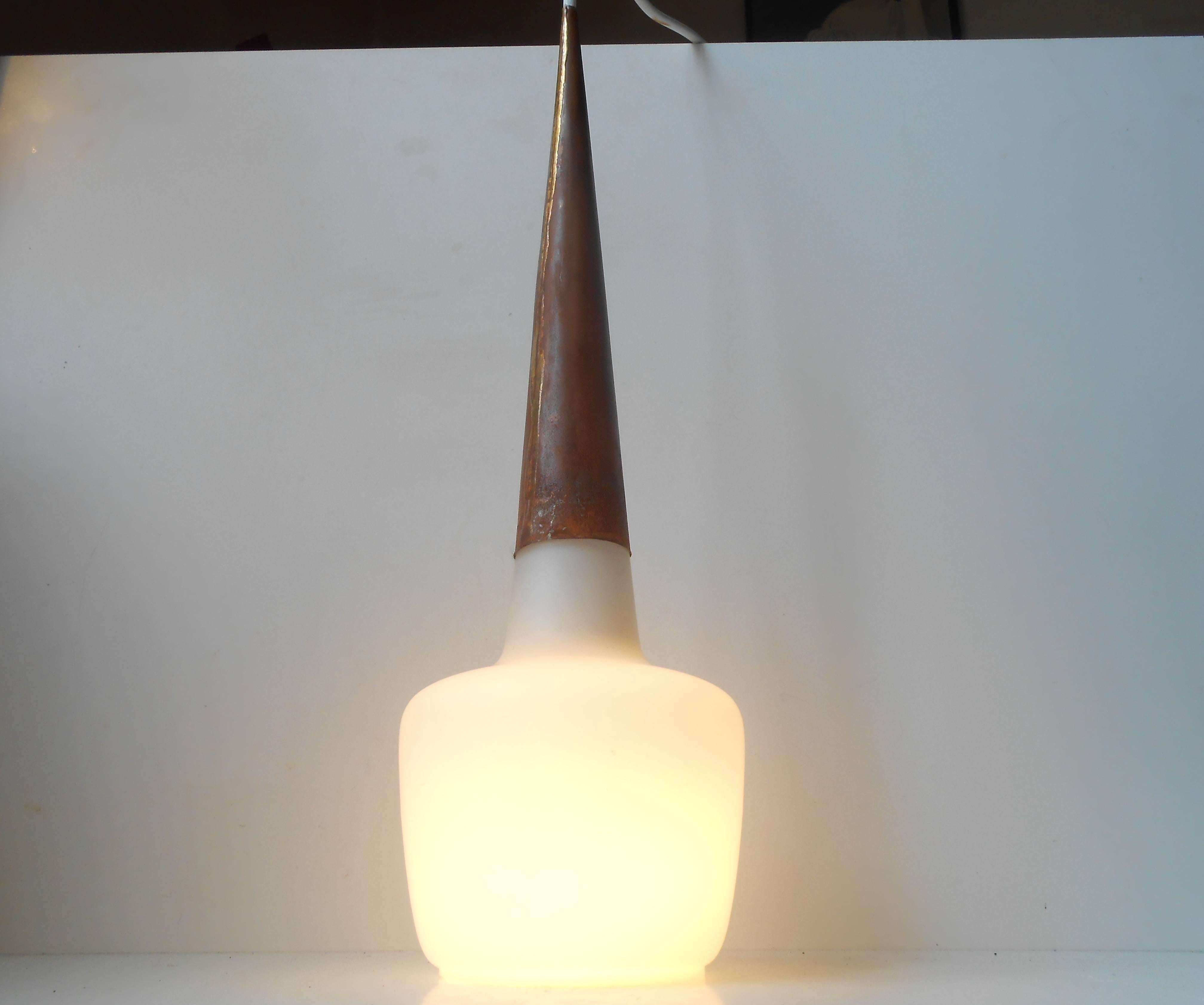 Brutalist Opal Glass and Metal Pendant Lamp by Anonymous Danish Designer 1960s 2