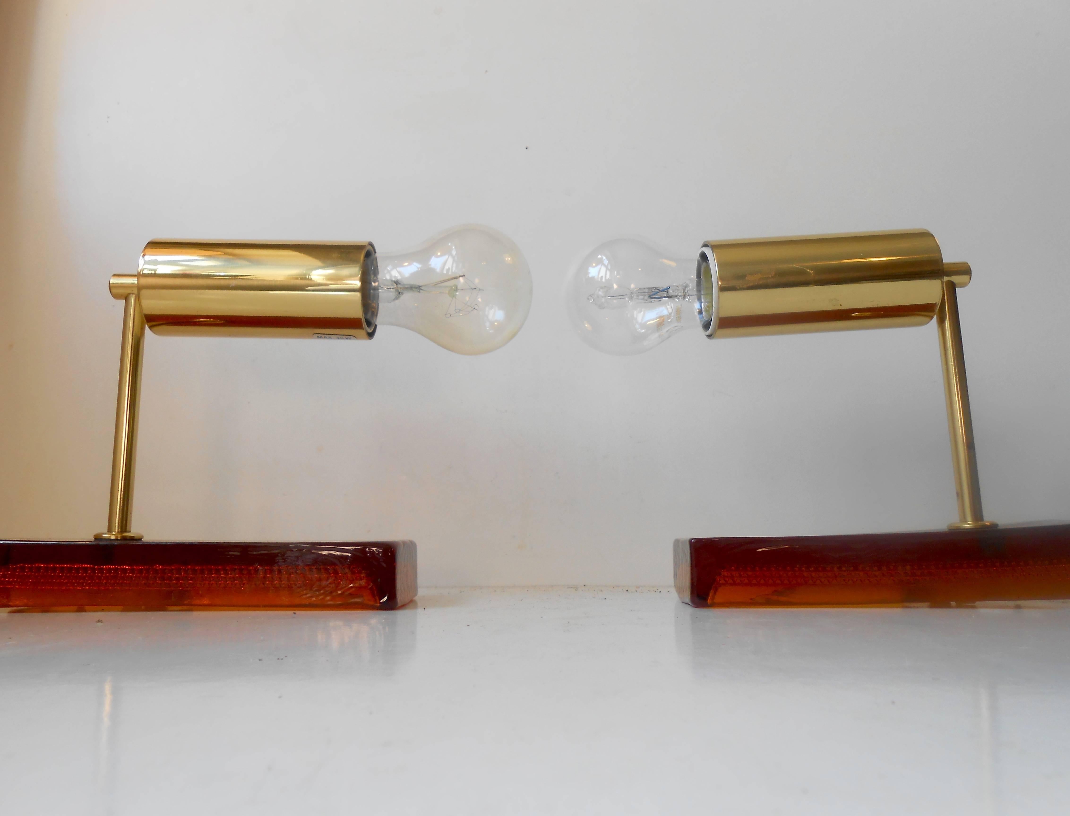 Swedish Carl Fagerlund, Pair of Amber Art Glass & Brass Sconces, 1960s, Orrefors, Sweden