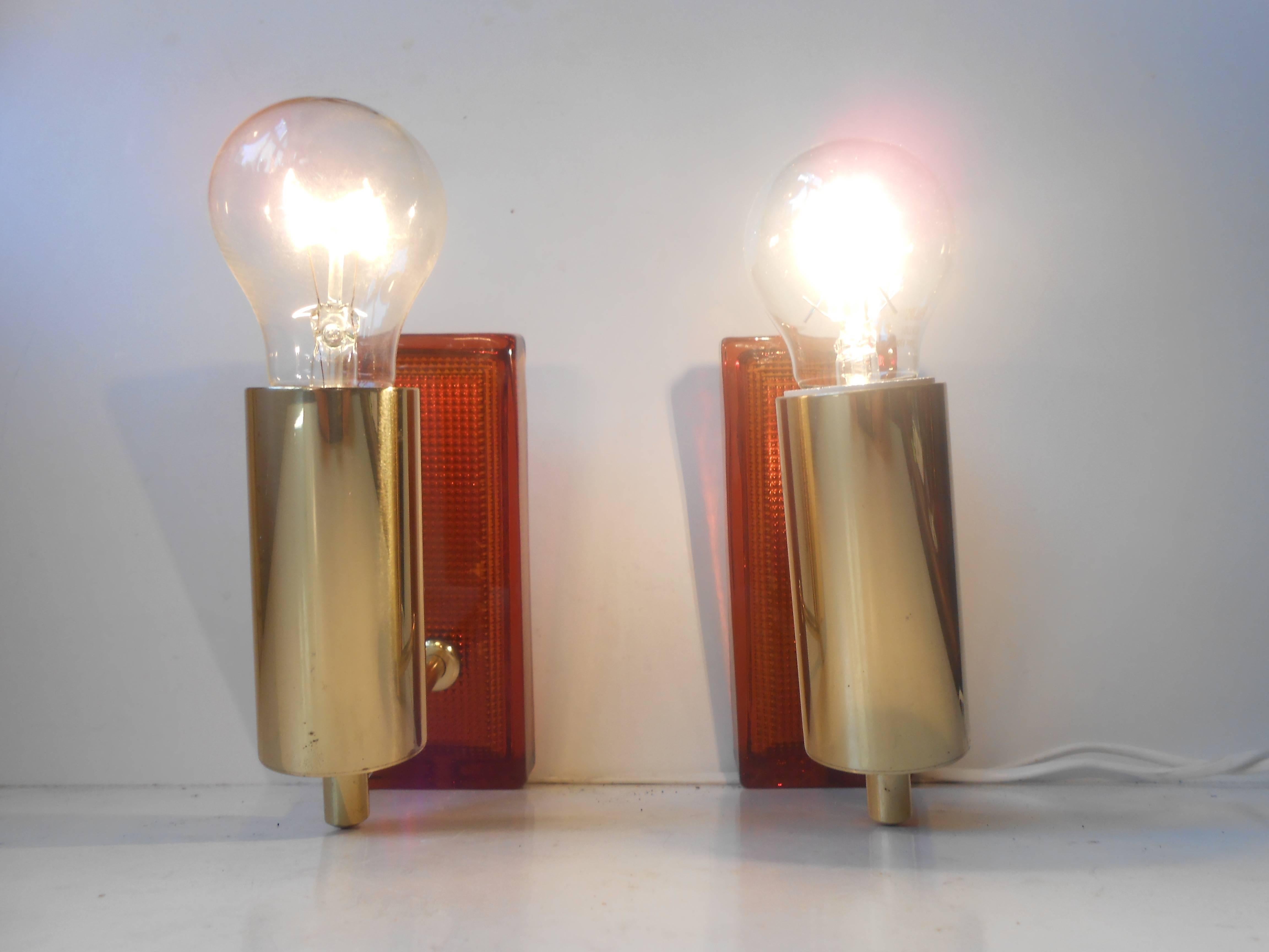 Carl Fagerlund, Pair of Amber Art Glass & Brass Sconces, 1960s, Orrefors, Sweden In Excellent Condition In Esbjerg, DK
