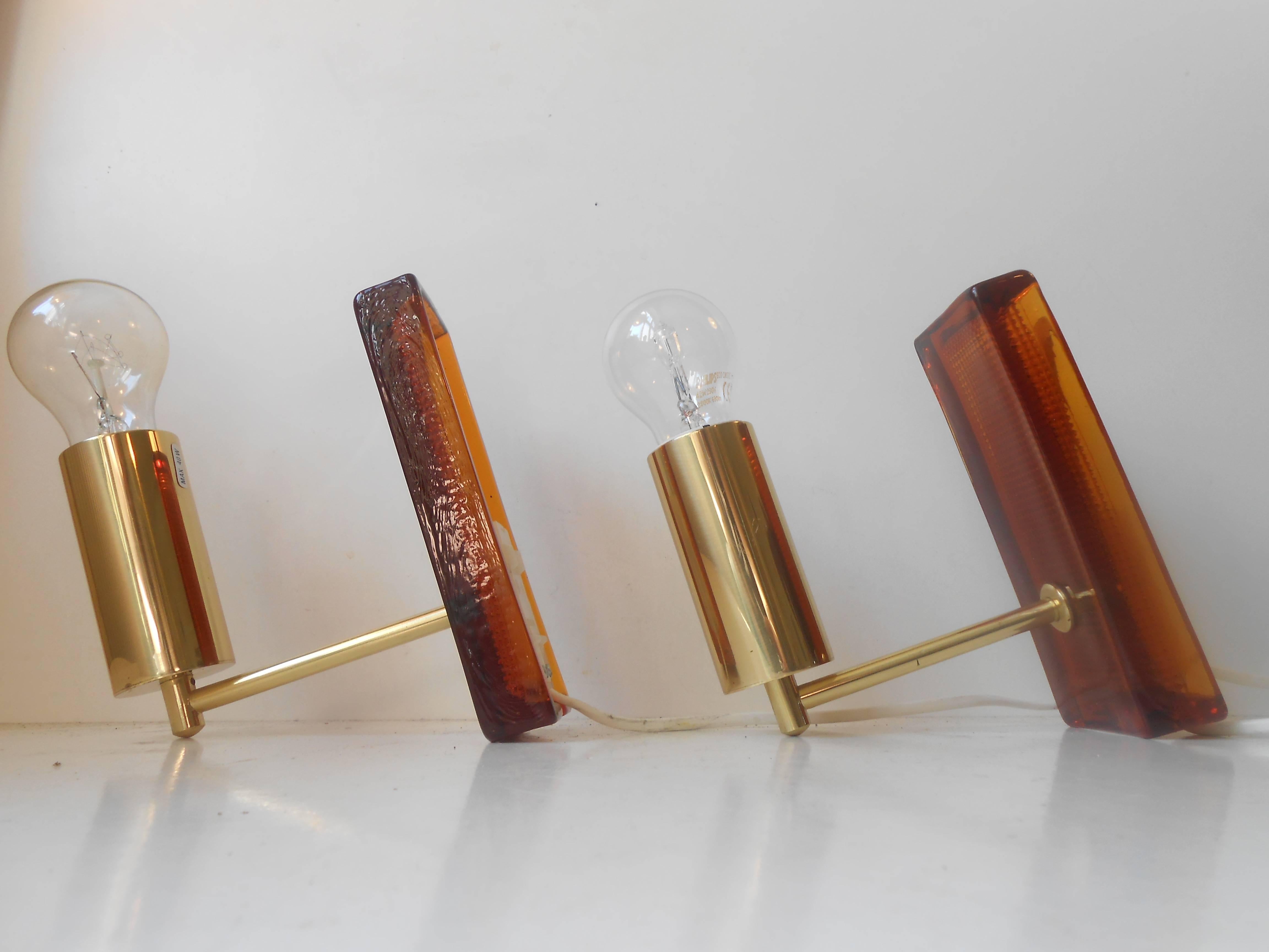 Mid-20th Century Carl Fagerlund, Pair of Amber Art Glass & Brass Sconces, 1960s, Orrefors, Sweden