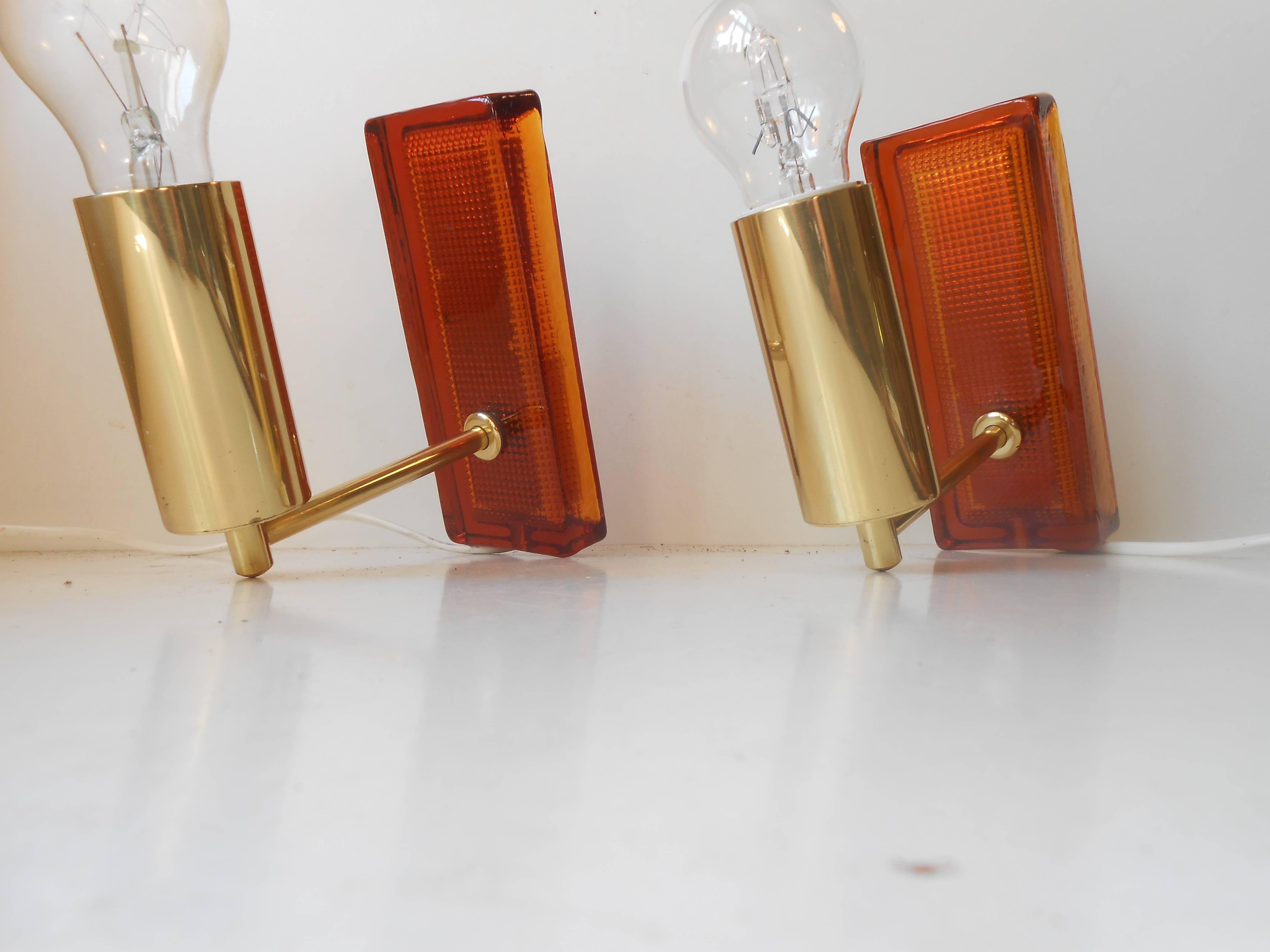 Mid-Century Modern Carl Fagerlund, Pair of Amber Art Glass & Brass Sconces, 1960s, Orrefors, Sweden