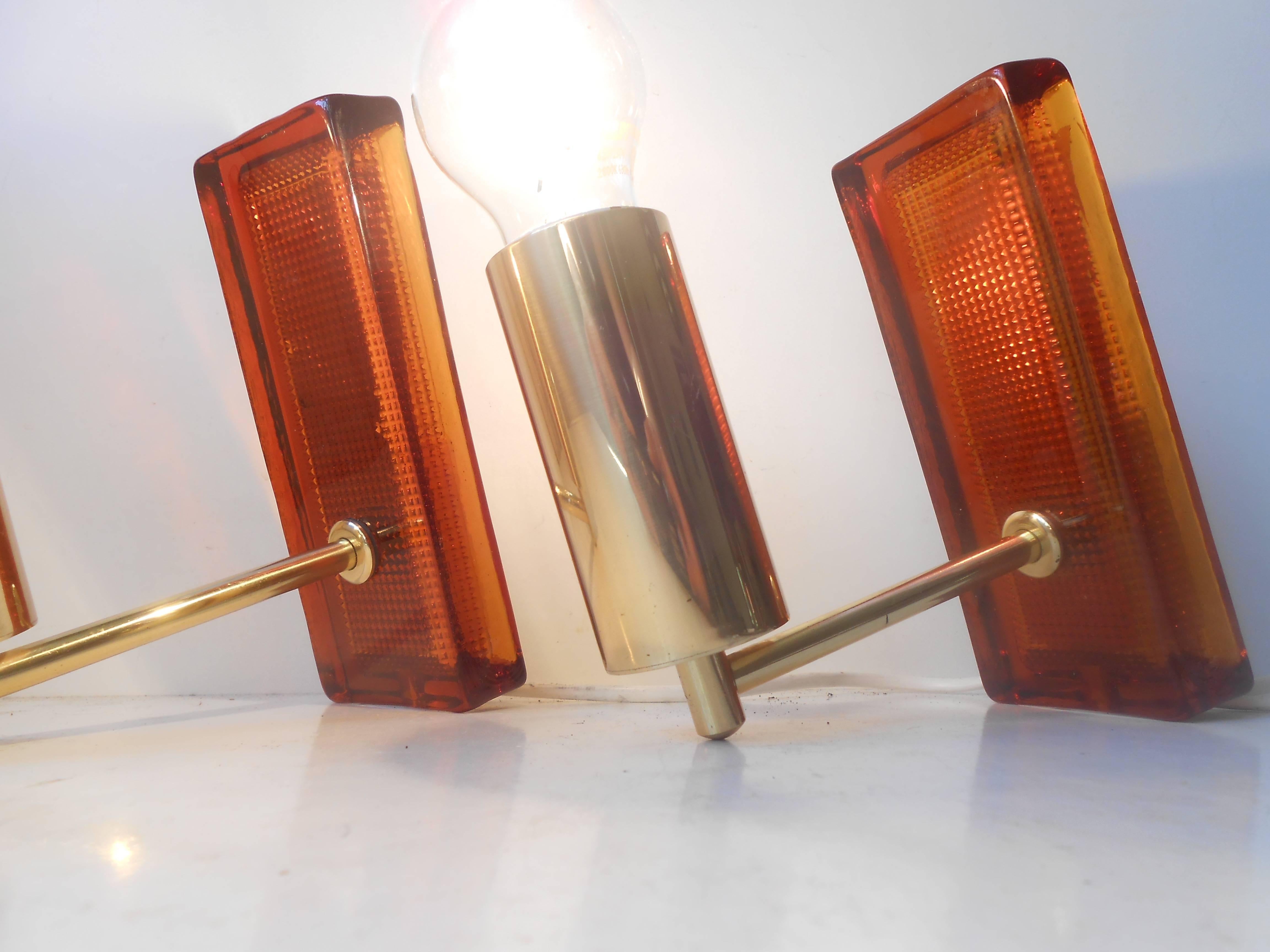Carl Fagerlund, Pair of Amber Art Glass & Brass Sconces, 1960s, Orrefors, Sweden 1