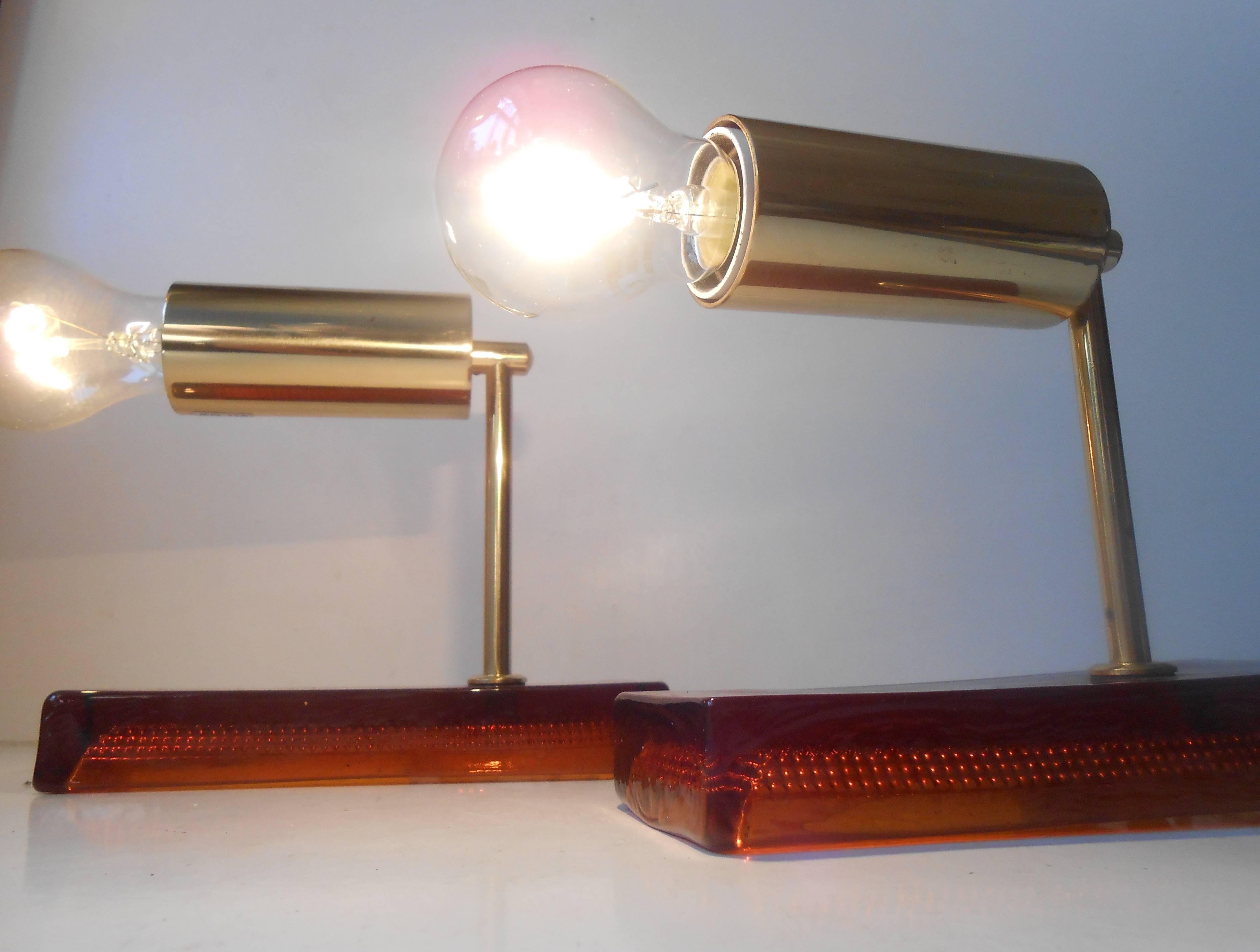 Carl Fagerlund, Pair of Amber Art Glass & Brass Sconces, 1960s, Orrefors, Sweden 3