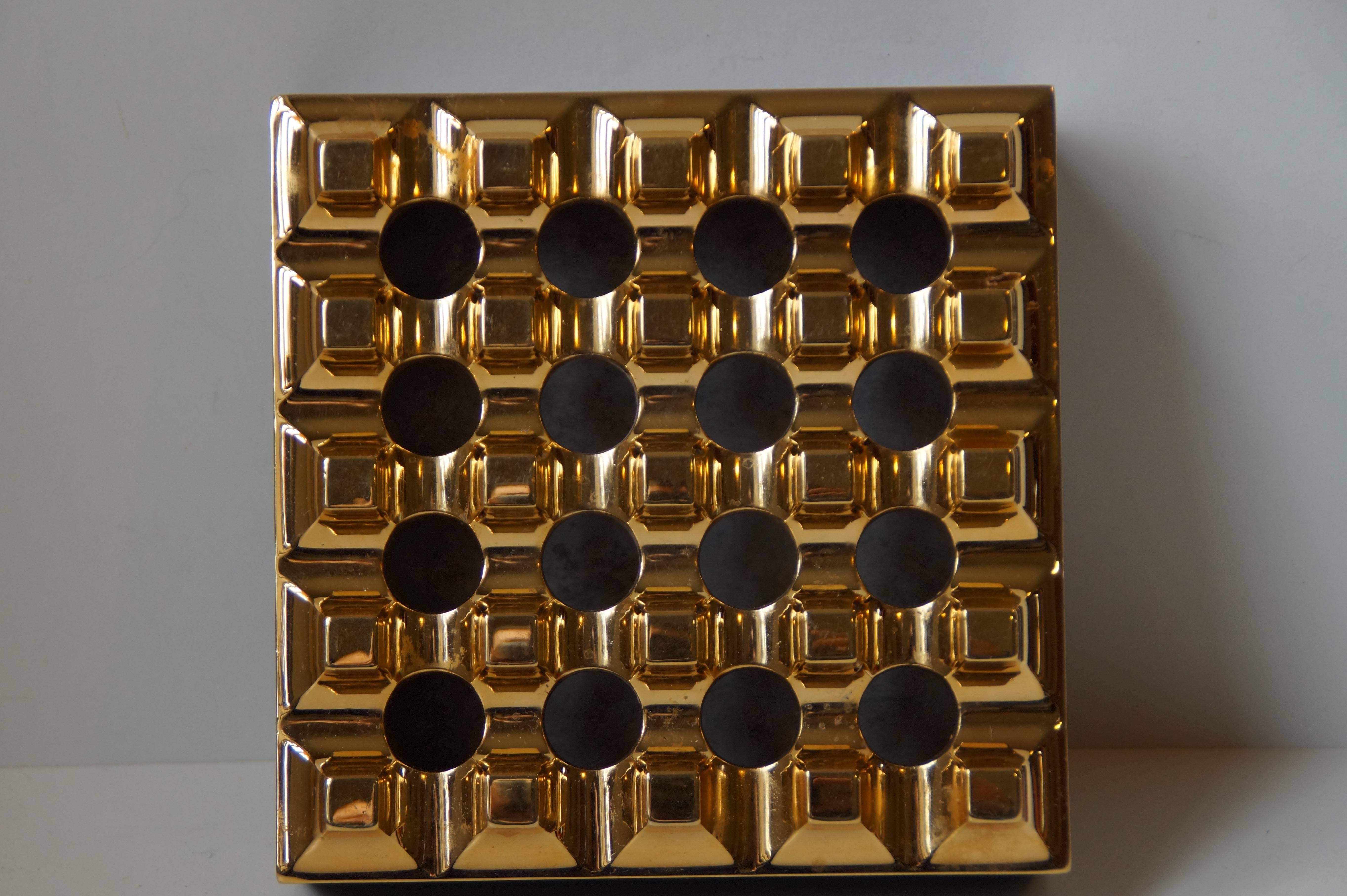 Ultra rare 23-carat gold-plated version of the Ultima 15 ashtray. Geometric design with the use of computers as drawing media to achieve perfect precision. This ashtray was ordered by Colleagues and given the President of the Danish company A/S