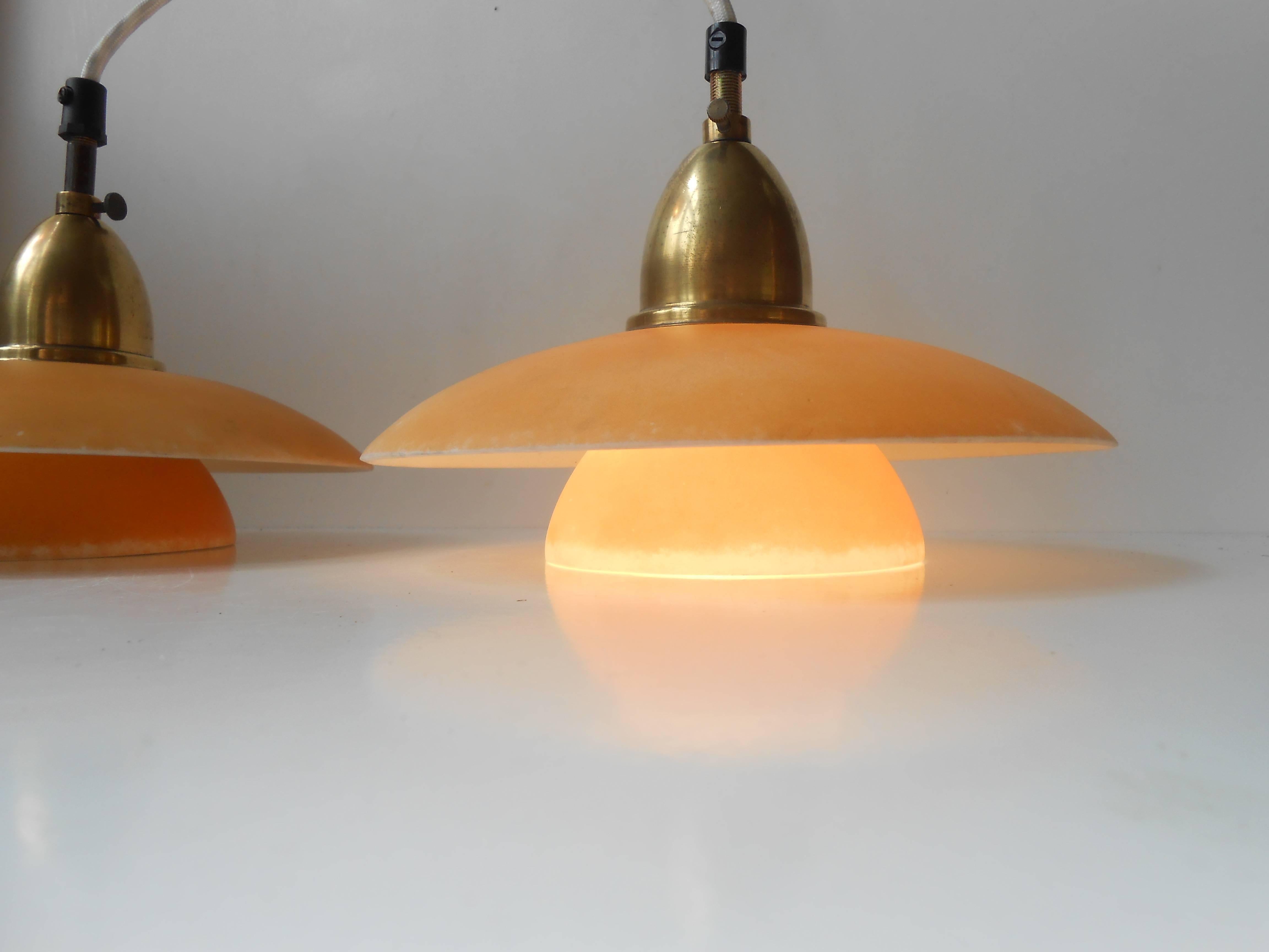 Mid-20th Century Extremely Rare Pair of 1930s Danish Lyfa Pendant Lamps in Glass & Brass PH era 