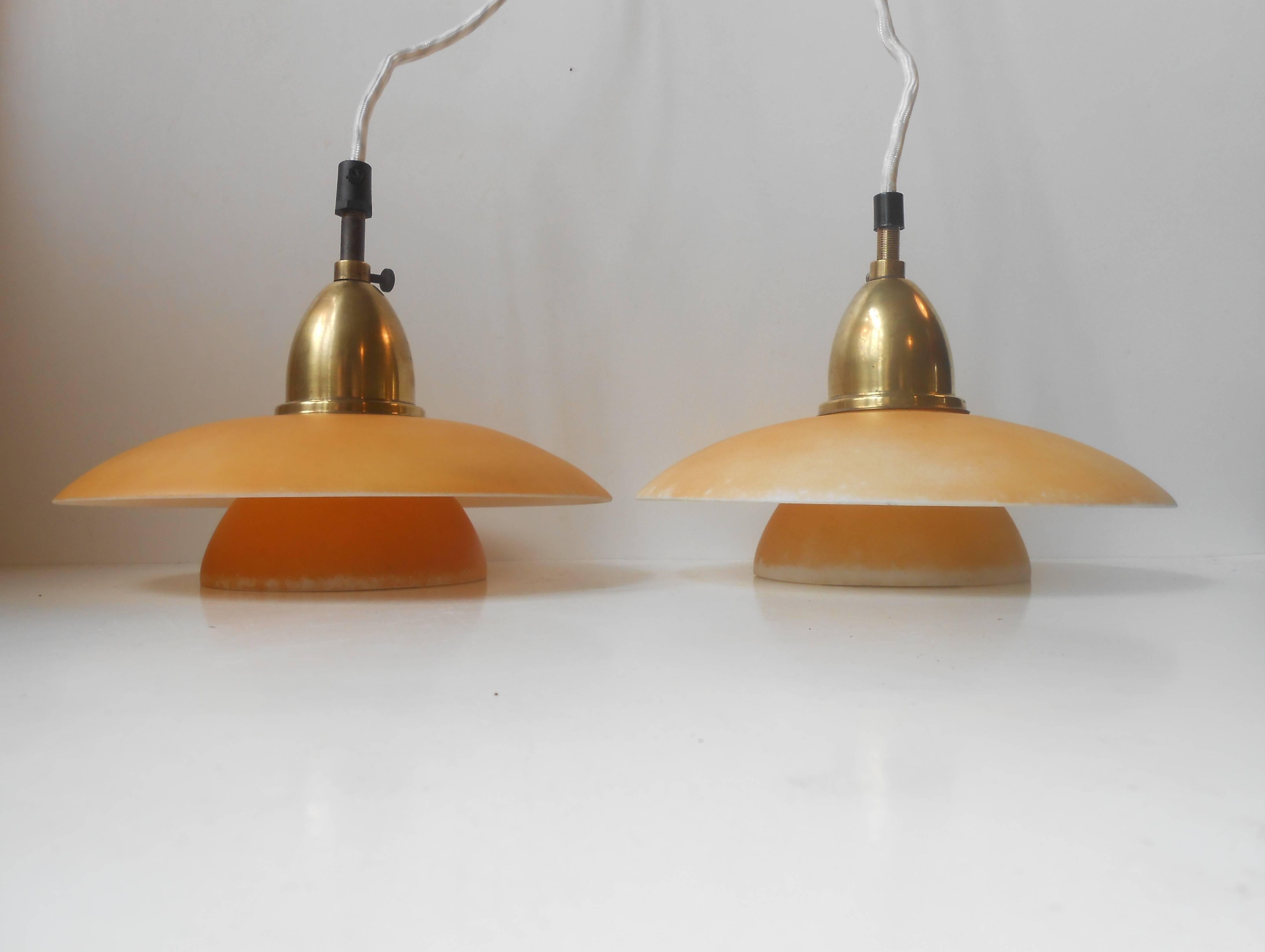 Extremely Rare Pair of 1930s Danish Lyfa Pendant Lamps in Glass & Brass PH era  3