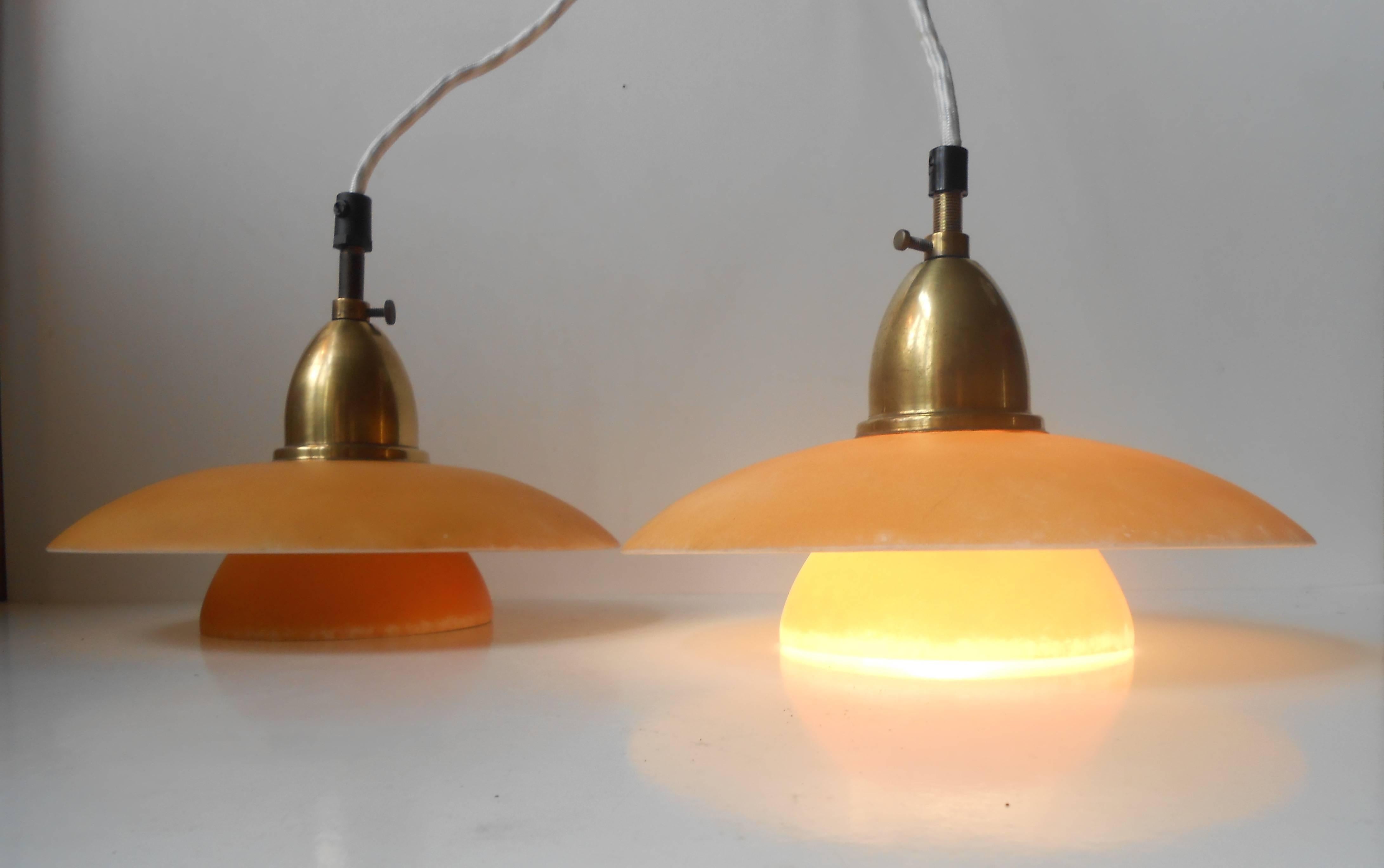 Extremely Rare Pair of 1930s Danish Lyfa Pendant Lamps in Glass & Brass PH era  In Excellent Condition In Esbjerg, DK
