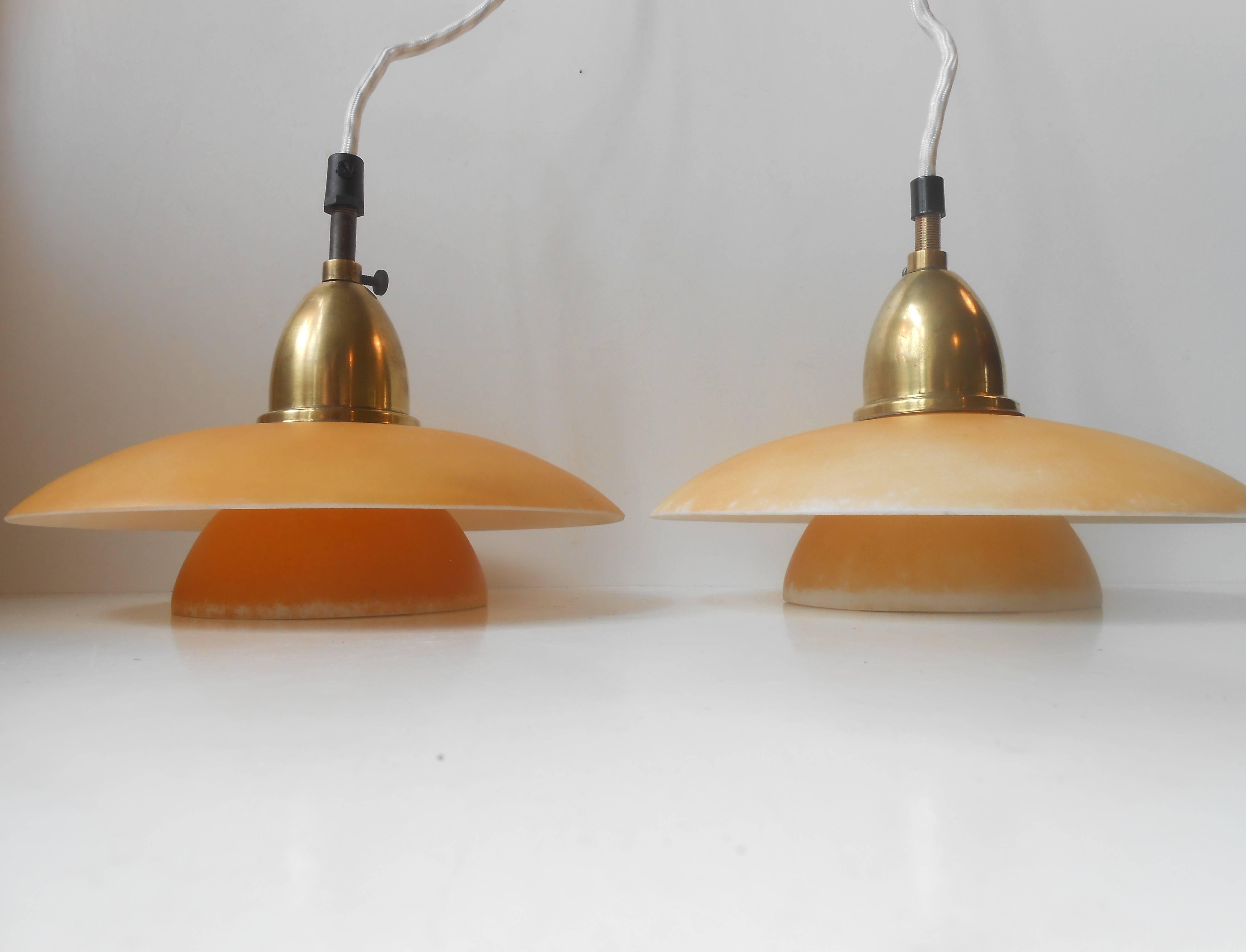 Art Deco Extremely Rare Pair of 1930s Danish Lyfa Pendant Lamps in Glass & Brass PH era 