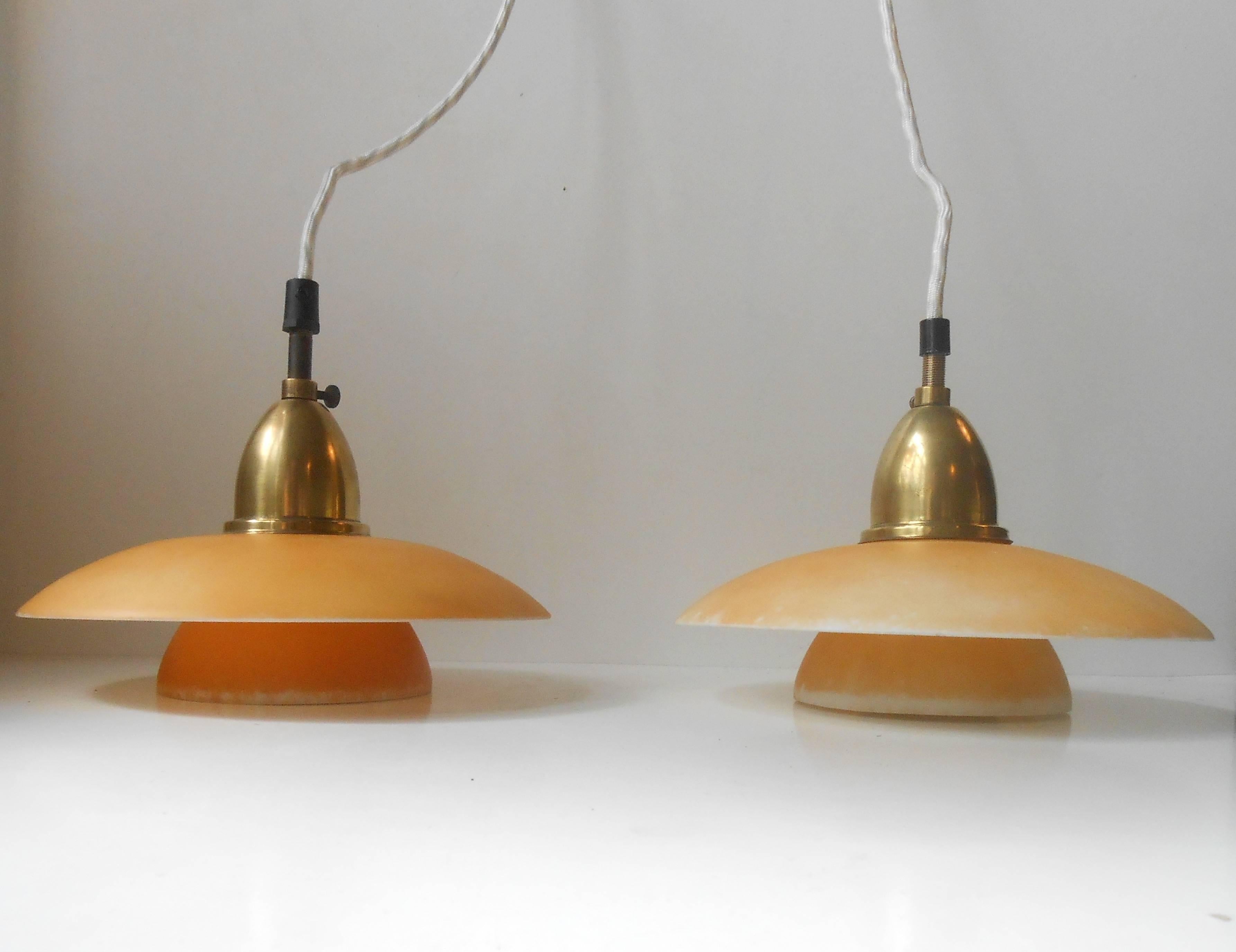 Extremely Rare Pair of 1930s Danish Lyfa Pendant Lamps in Glass & Brass PH era  5
