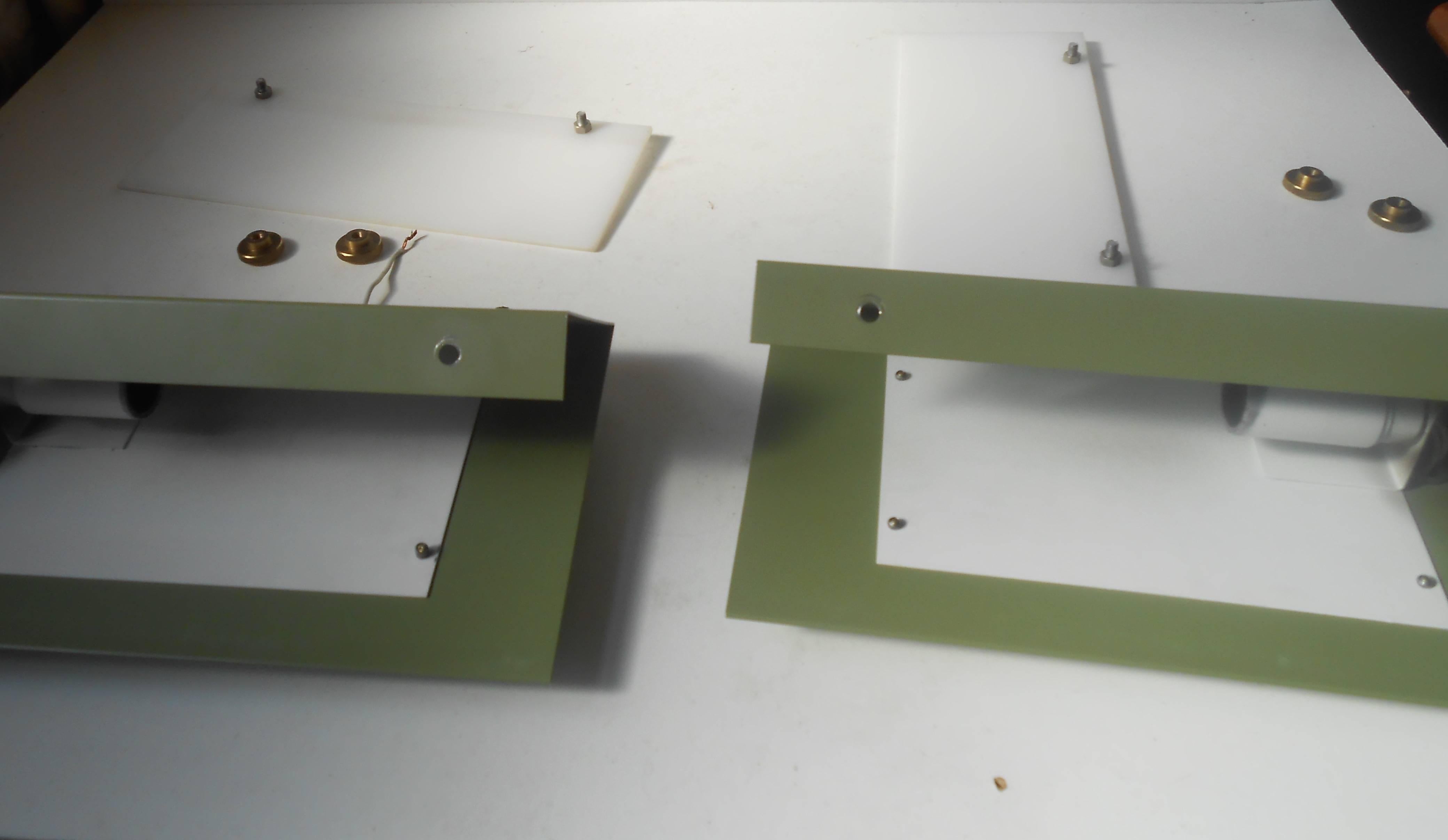 Powder-Coated Rare Pair of Modernist Light Green Wall Sconces with 'Jumbo' Brass Screws