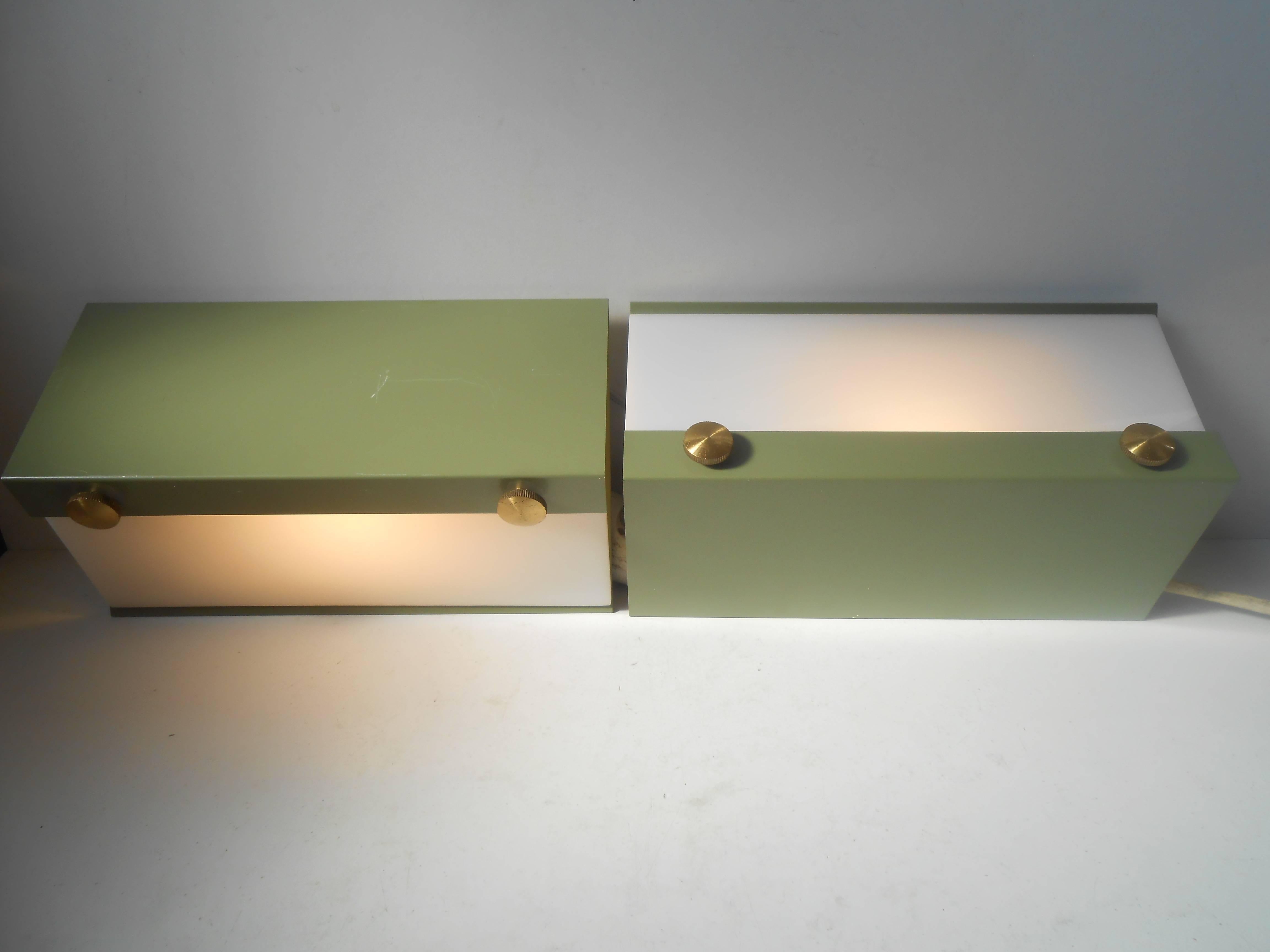 Mid-20th Century Rare Pair of Modernist Light Green Wall Sconces with 'Jumbo' Brass Screws