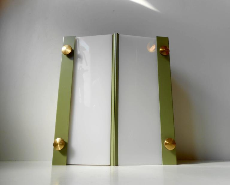 Rare Pair of Modernist Light Green Wall Sconces with 'Jumbo' Brass