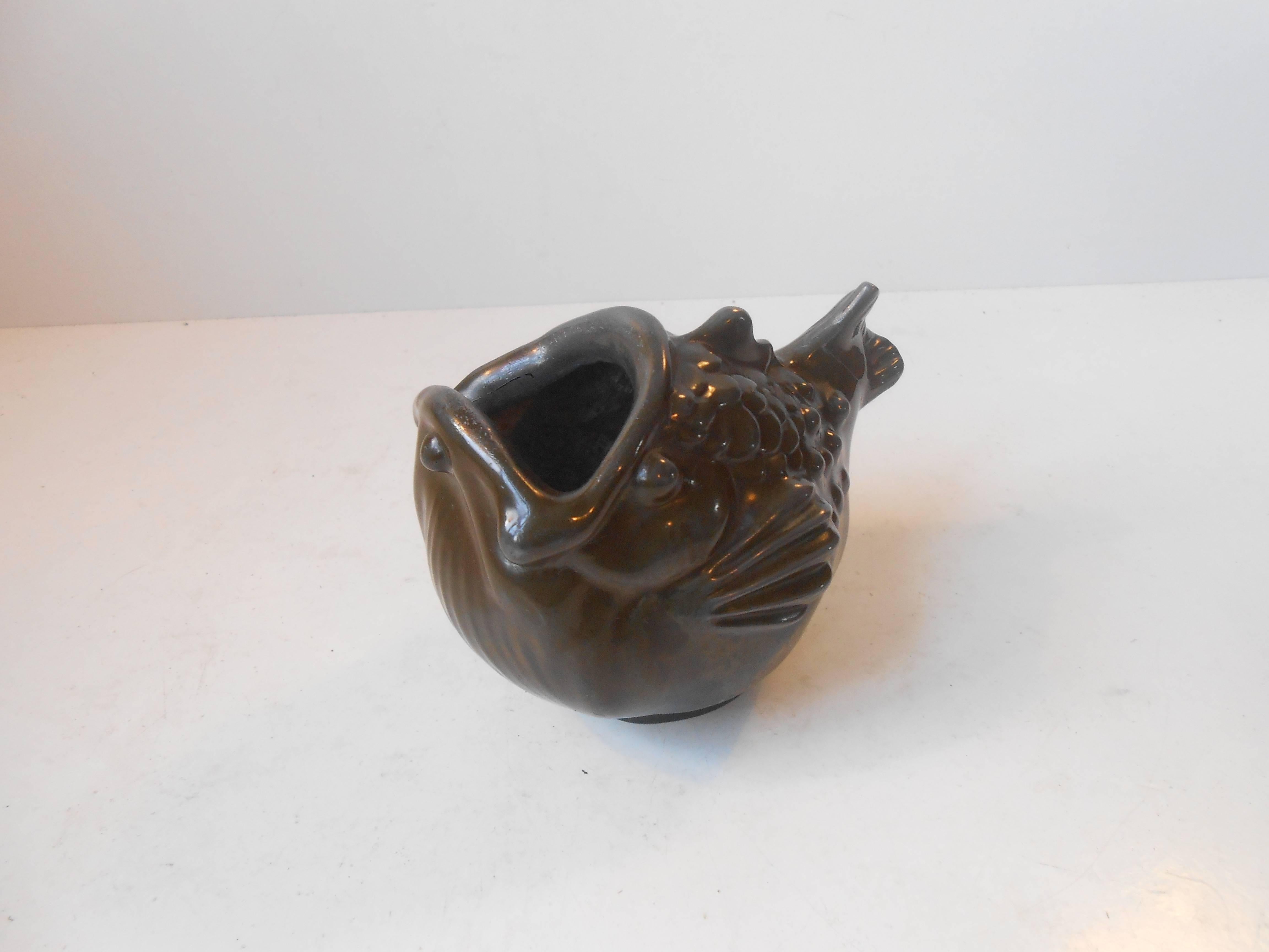 Mid-20th Century Chubby Patinated Disko Metal Fish Vase by Just Andersen, Denmark, 1930s