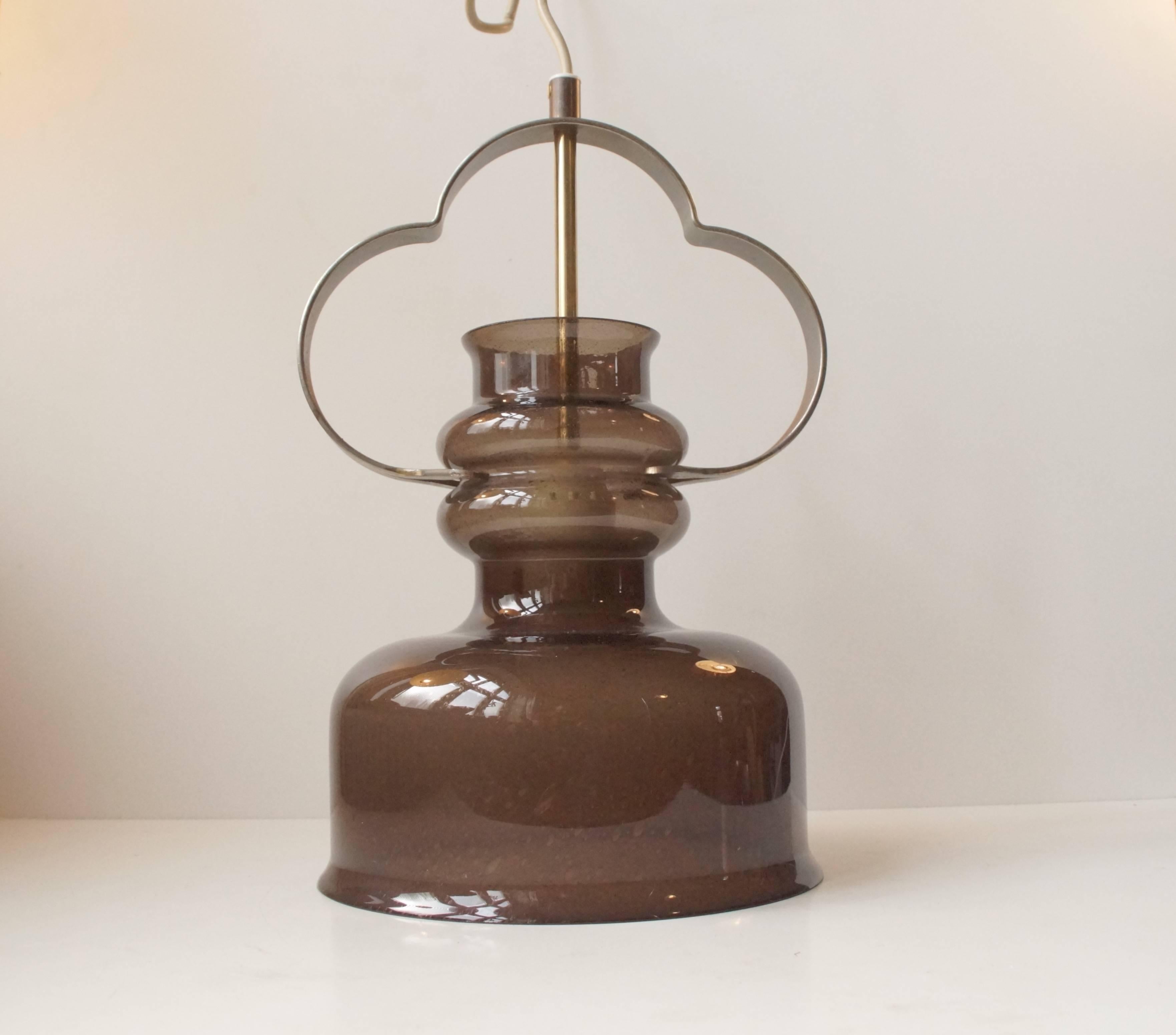 Rare pendant lamp in 'Smokey' handblown brown glass with watery bubbles. The top part of the lamp is shapes as a three clover - bringing you good luck and prosperity when Lid:-). Measurements: H 13 inches (33 cm), D 8.2 inches (21 cm).