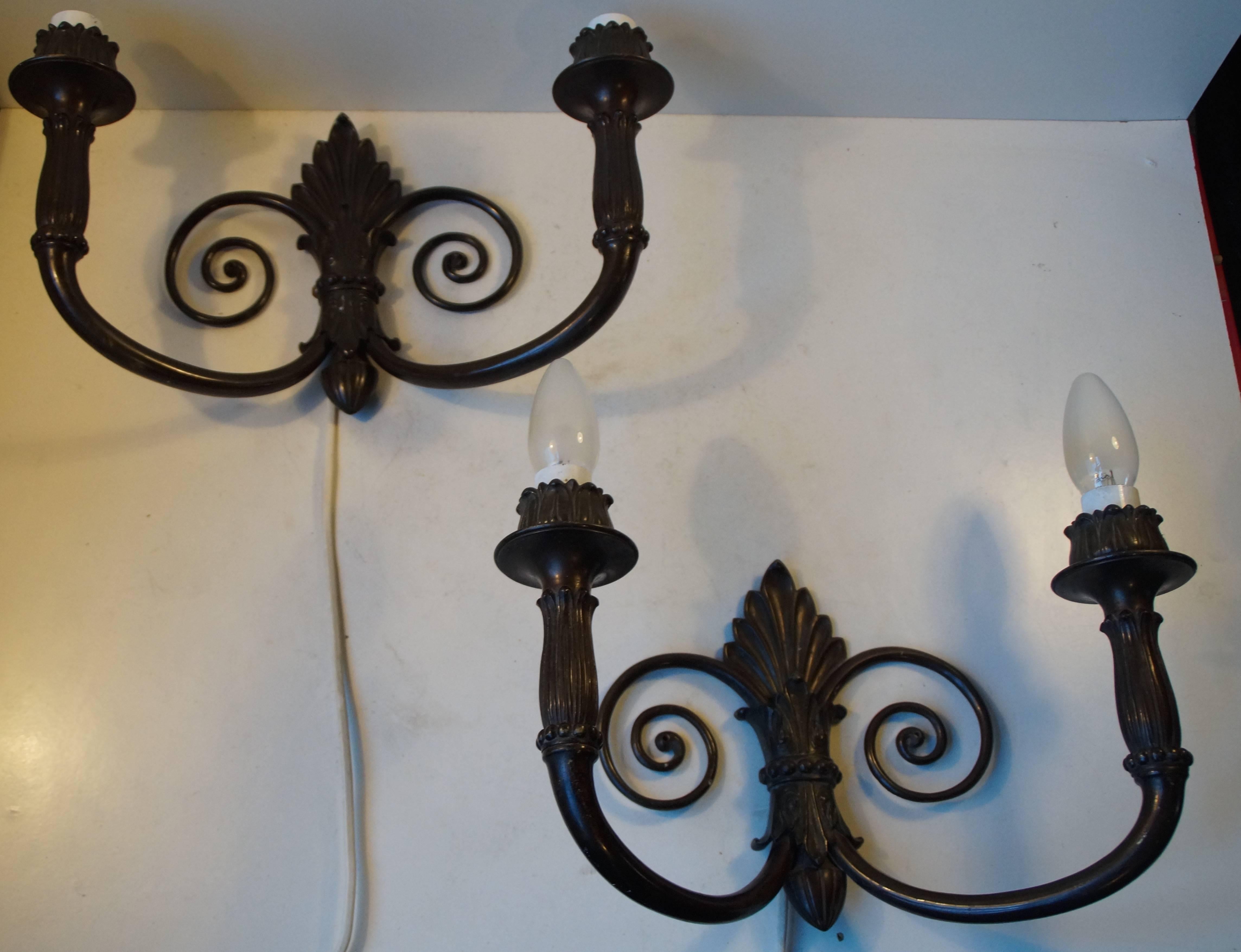 Art Nouveau Pair of Antique French Two-Armed Bronze Sconces with 'Swirl', Early 20th Century