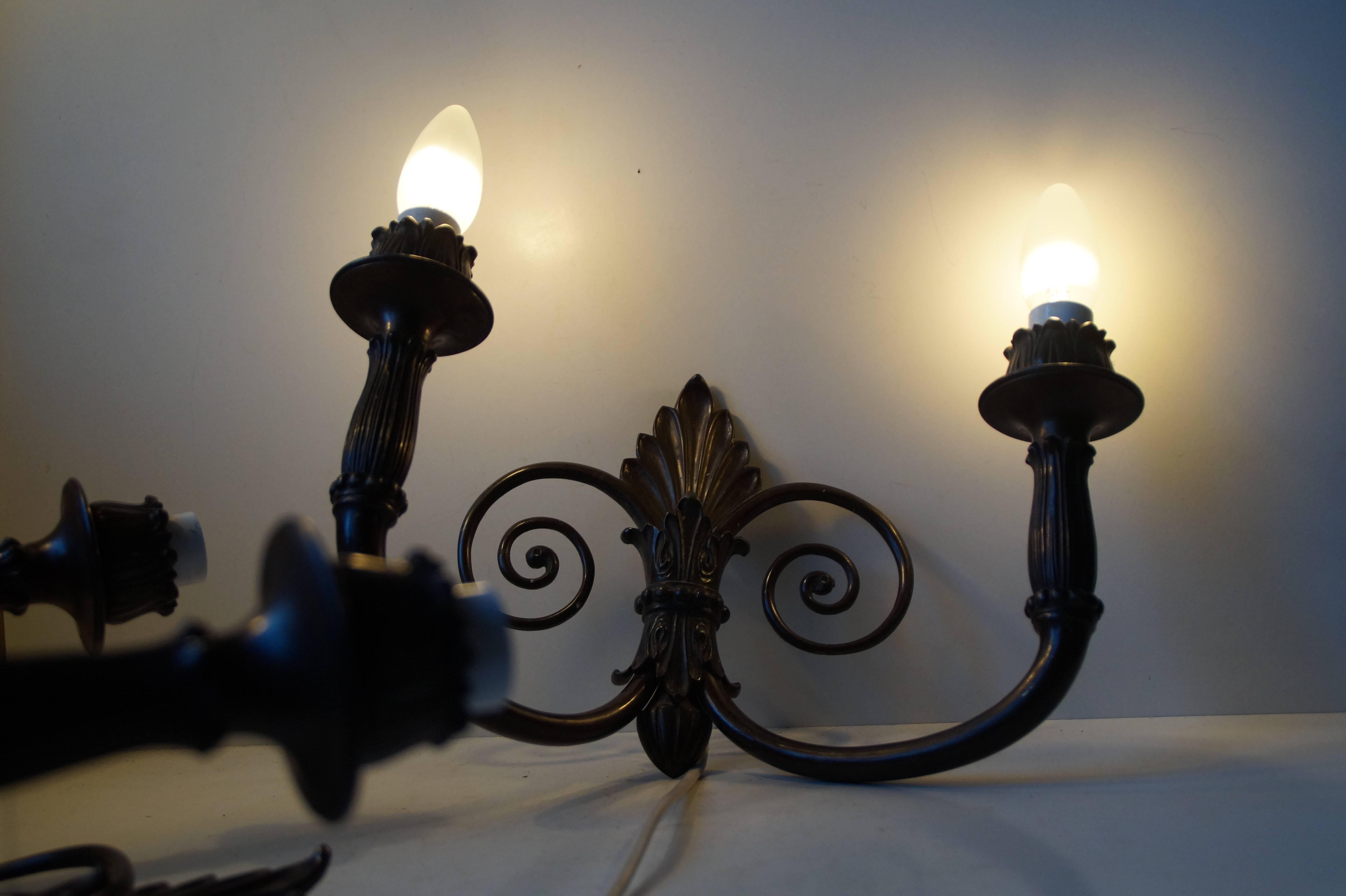 Pair of Antique French Two-Armed Bronze Sconces with 'Swirl', Early 20th Century 2