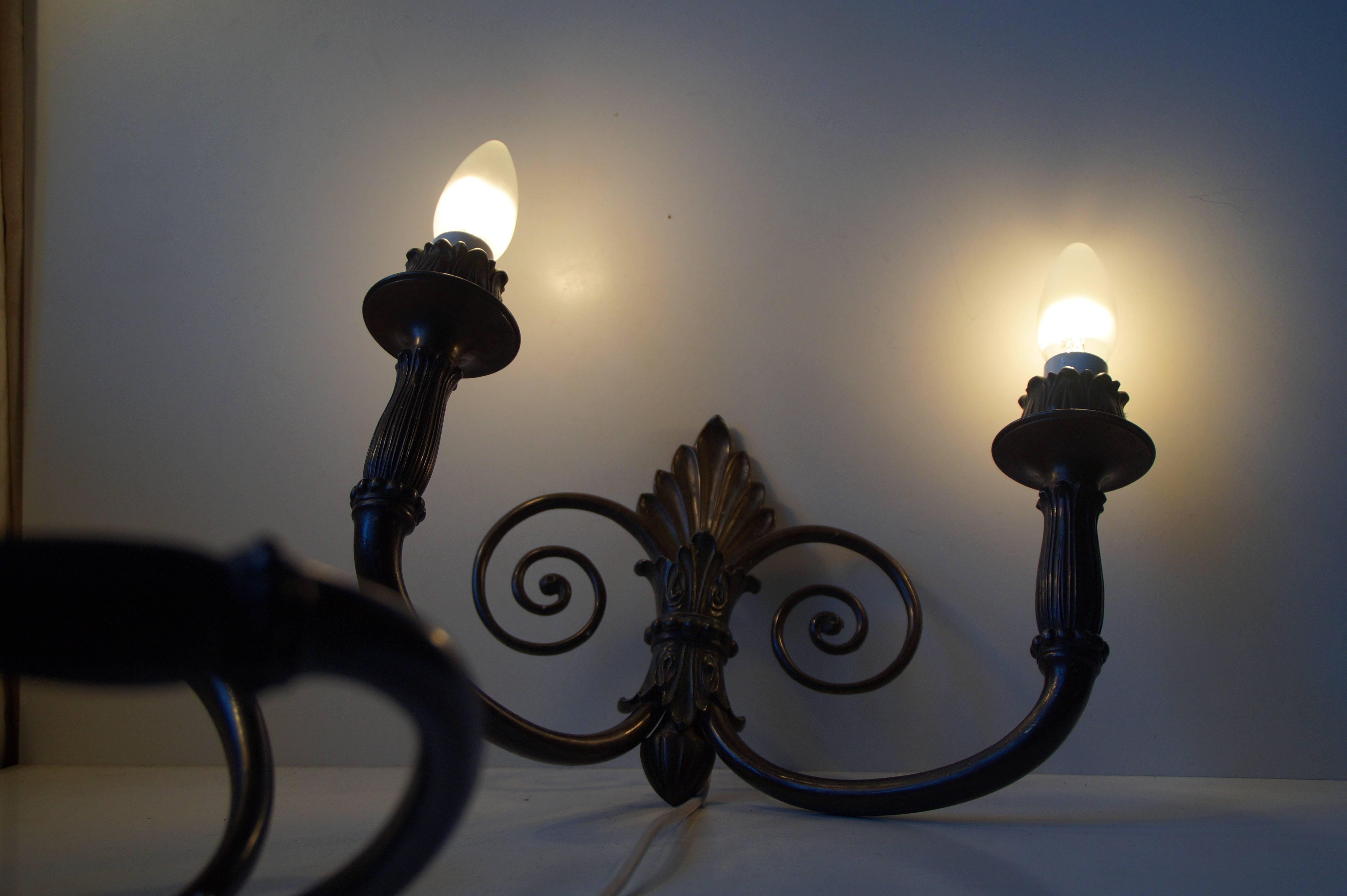 Pair of Antique French Two-Armed Bronze Sconces with 'Swirl', Early 20th Century 5