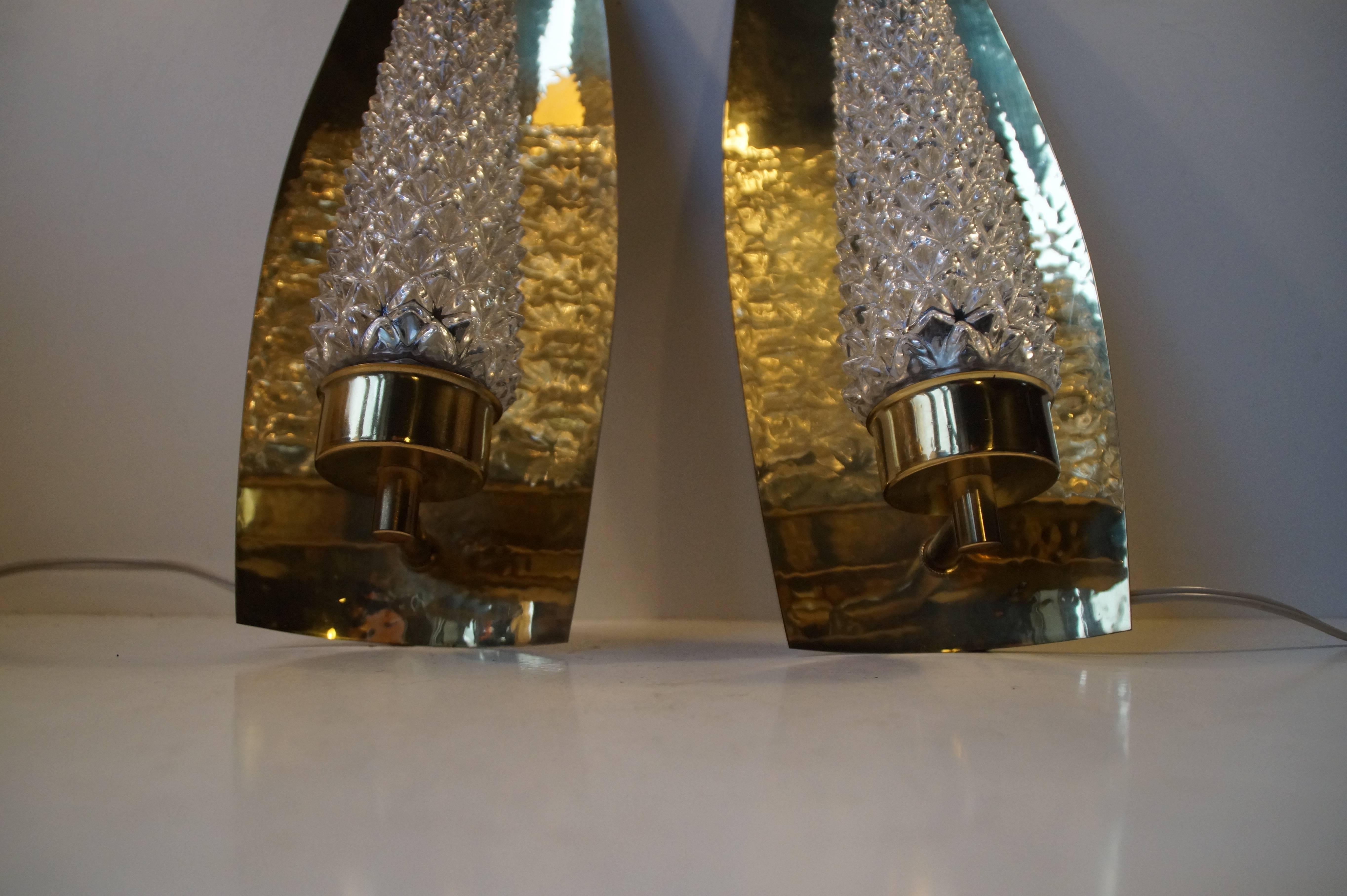Hammered Pair of Mid-Century Brass and Crystal Sconces by HAGS, Austria, Vienna, 1950s