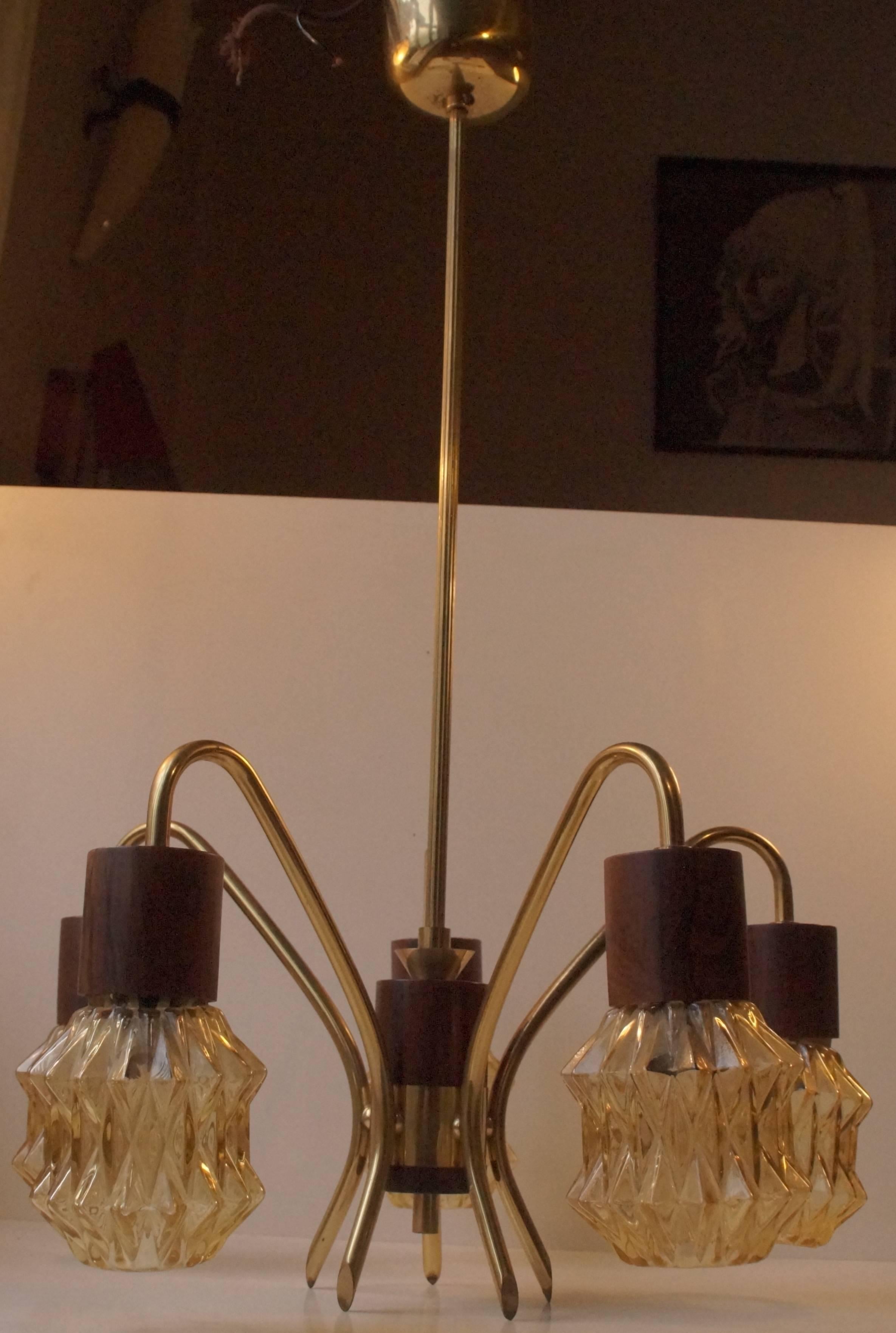 Mid-Century Modern Mid-Century Danish Rosewood, Brass and Glass Spider Chandelier, 1950s For Sale